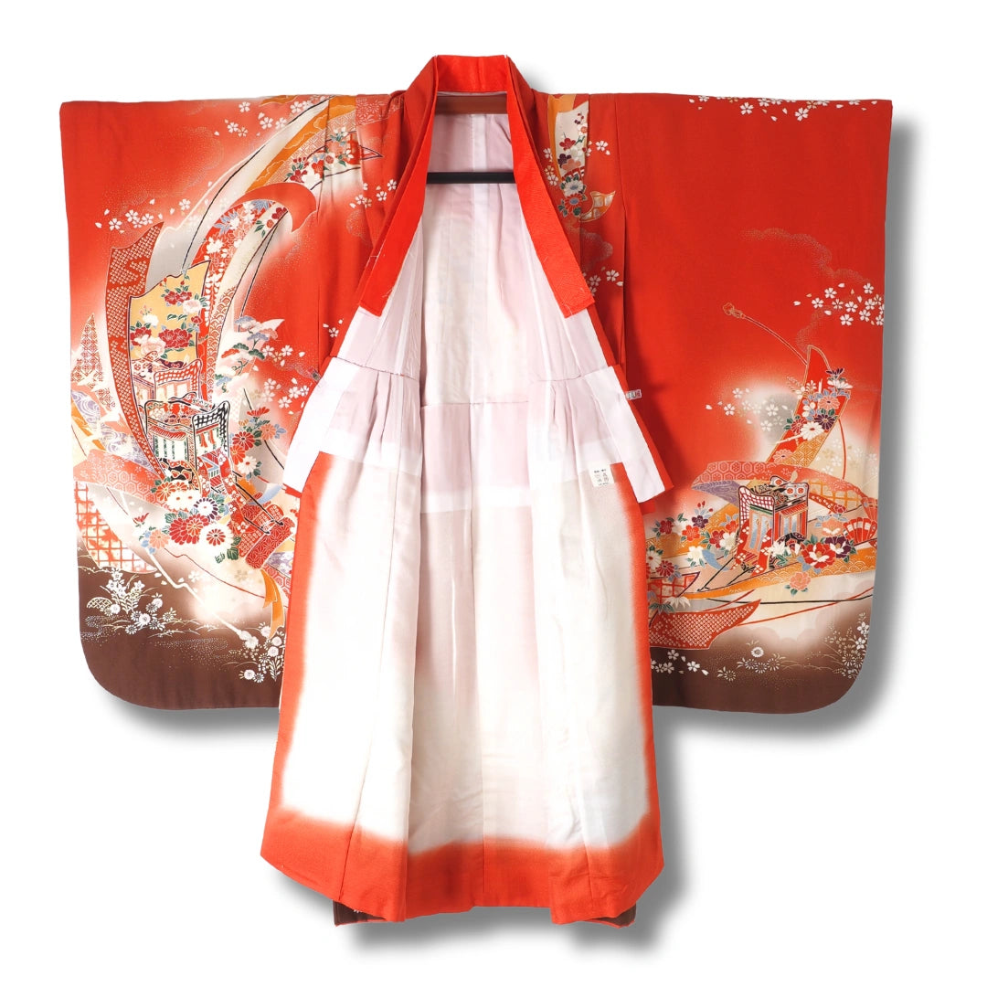 Vintage Mädchen Furisode Kimono Rot mit Kirschblüten & Kaiserwagen