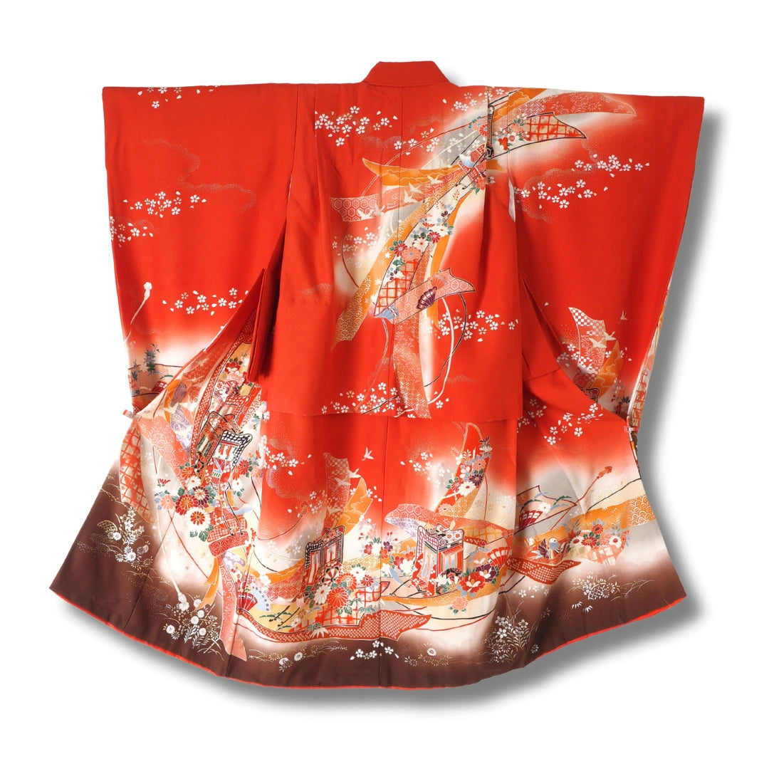 Vintage Mädchen Furisode Kimono Rot mit Kirschblüten & Kaiserwagen