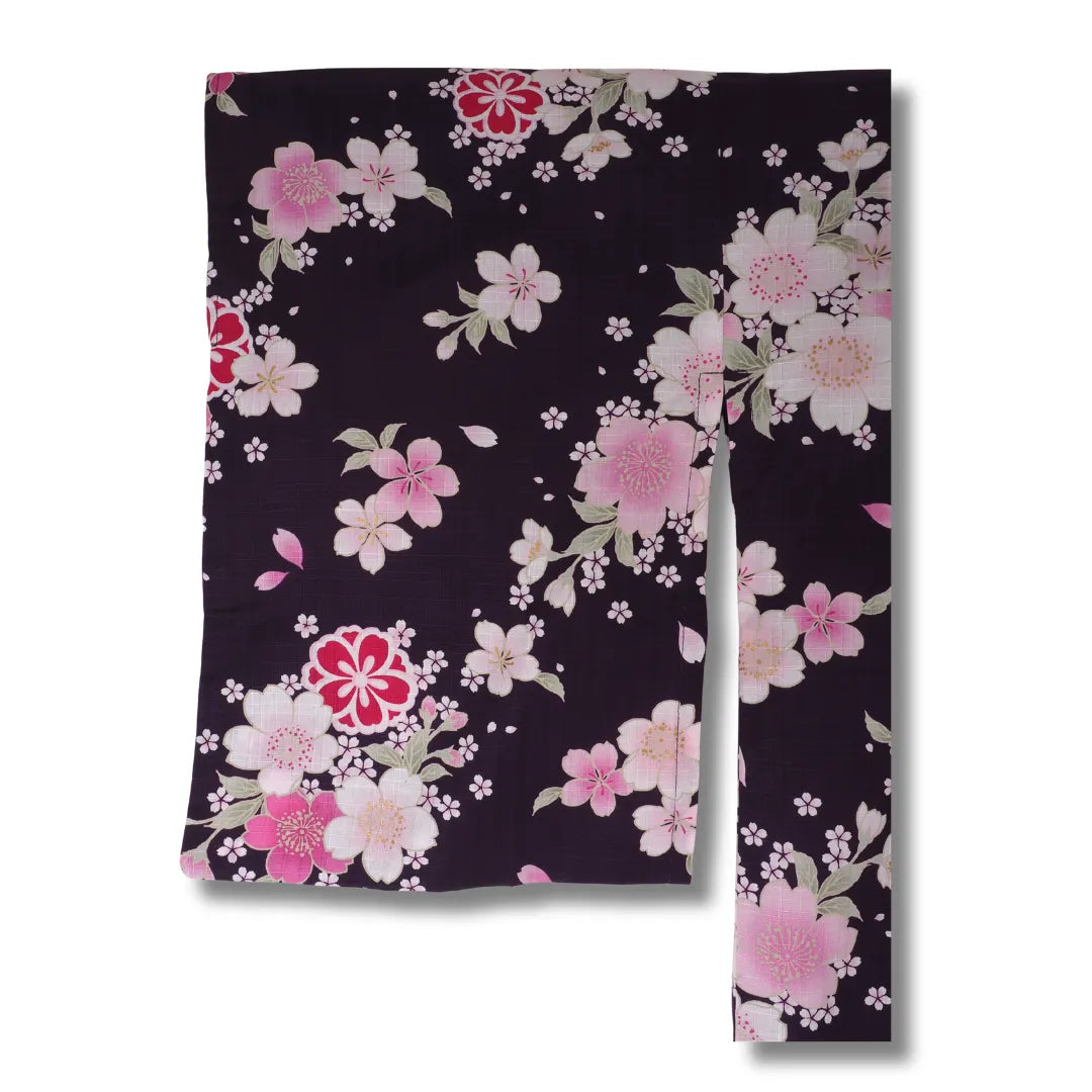 Ärmel Mädchen Yukata in Lila mit rosa Sakura Kirschblüten aus Japan aus Baumwolle