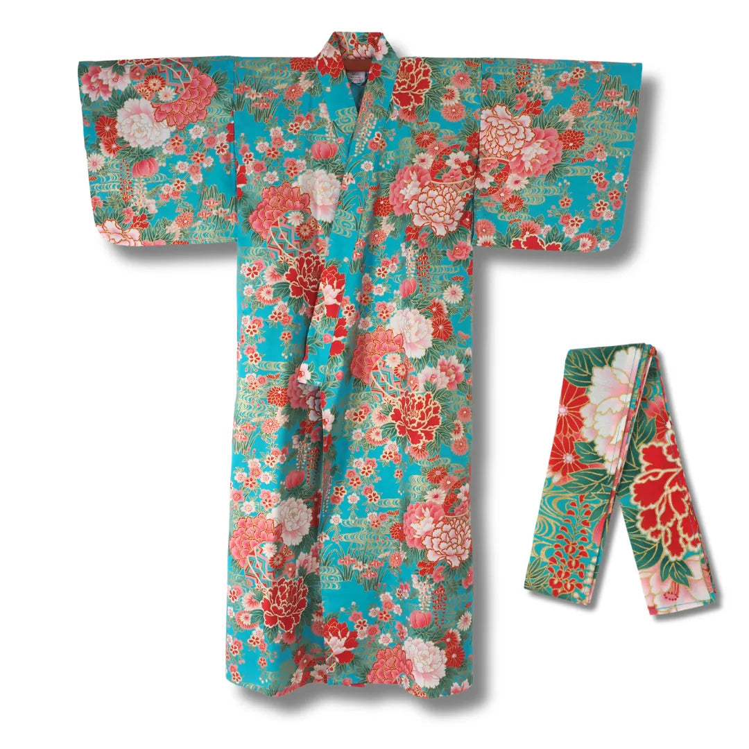 Türkiser Mädchen Yukata aus Japan mit Temari Bällen, Sakura Kirschblüten und Botan Pfingstrosen inkl. Obi