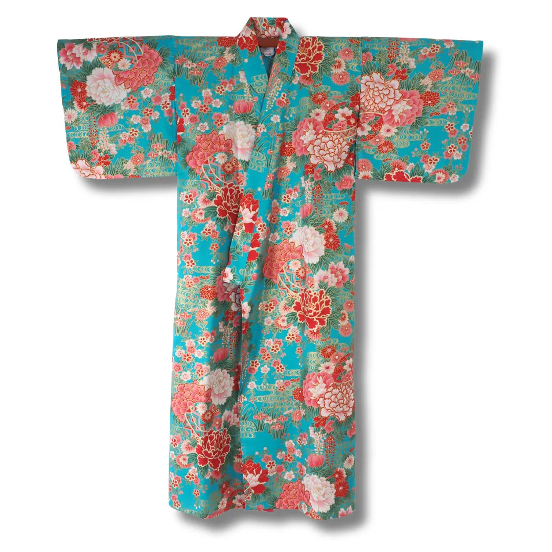 Vorderseite Türkiser Mädchen Yukata aus Japan mit Temari Bällen, Sakura Kirschblüten und Botan Pfingstrosen