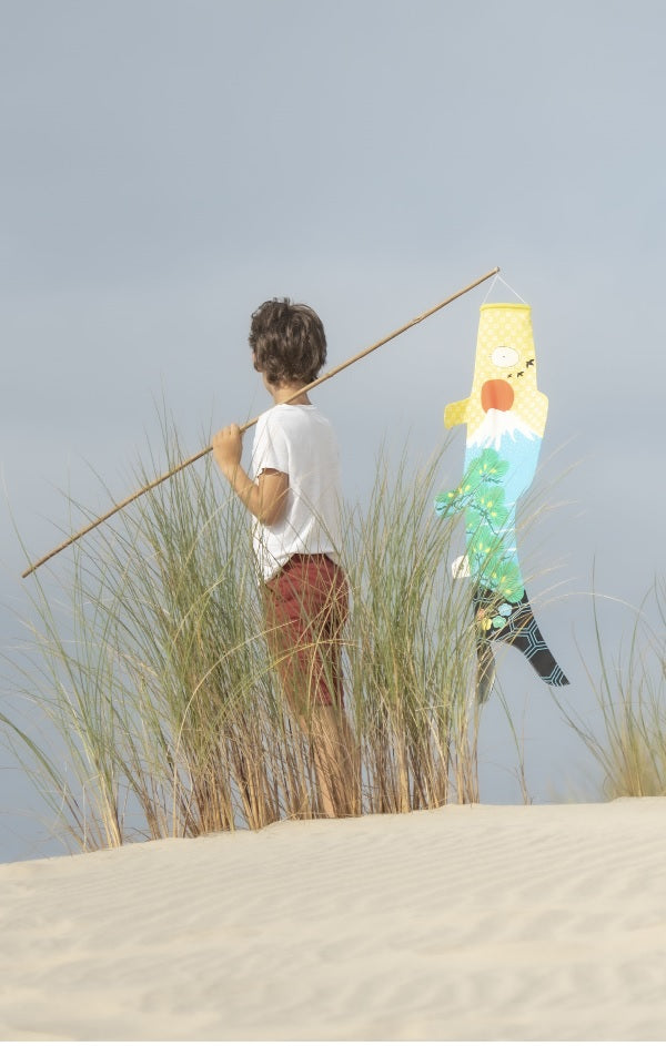 Junge mit Stange über der Schulter mit Koinobori #farbe_Berg Fuji