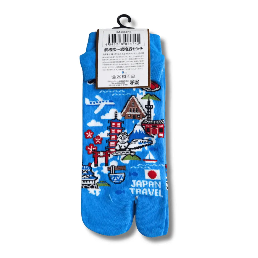 Kurze Tabi Socken blau Rückseite mit Etikett und Produktinformationen – japanische Zehensocken mit Japan Landkarte #farbe_Hellblau