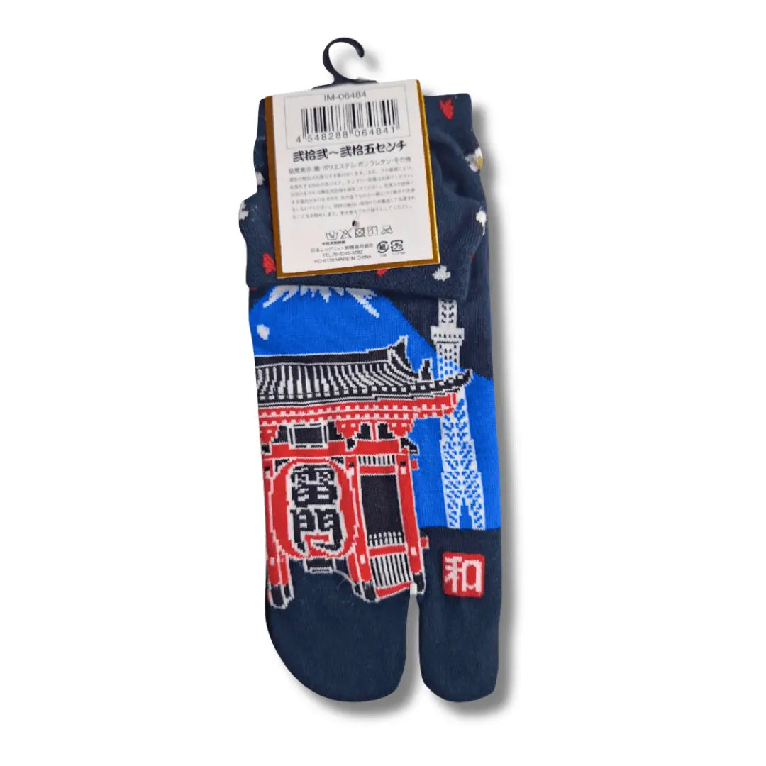 Kurze Tabi Socken dunkelblau mit Kaminarimon Tor, Rückseite mit Etikett und Produktinformationen – japanische Zehensocken #farbe_Dunkelblau