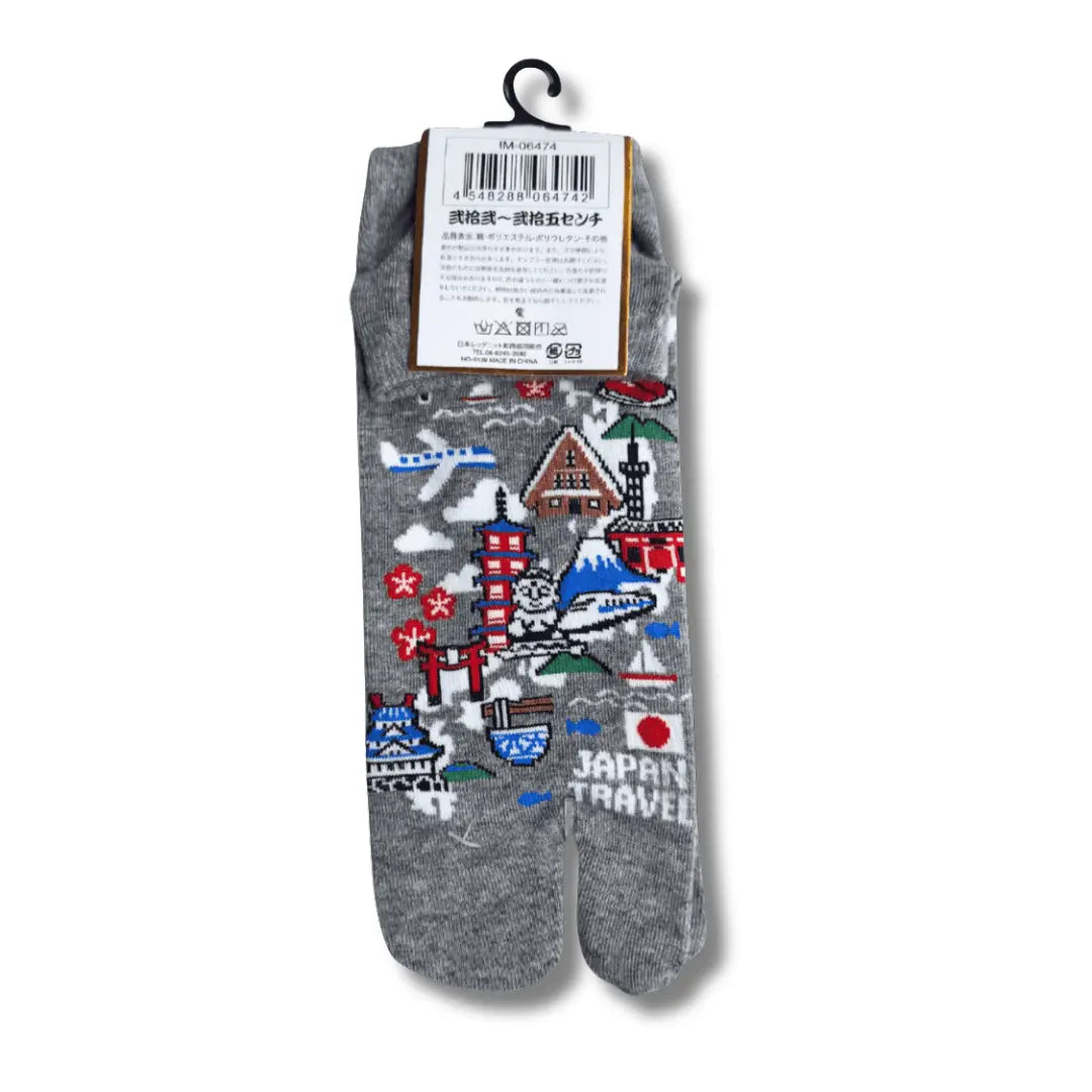 Kurze Tabi Socken grau Rückseite mit Etikett und Produktinformationen – japanische Zehensocken mit Japan Landkarte #farbe_Grau