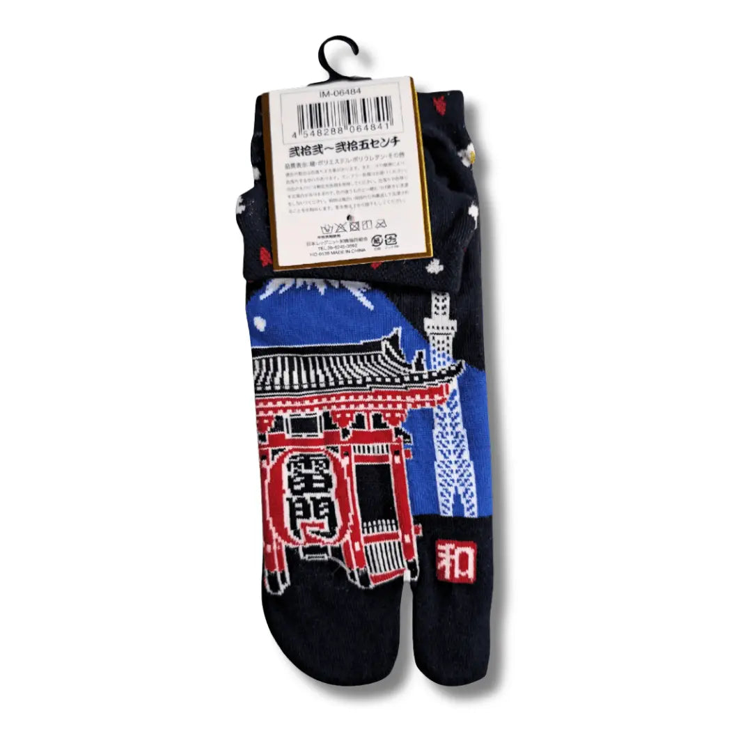 Kurze Tabi Socken schwarz mit Kaminarimon Tor, Rückseite mit Etikett und Produktinformationen – japanische Zehensocken #farbe_Schwarz