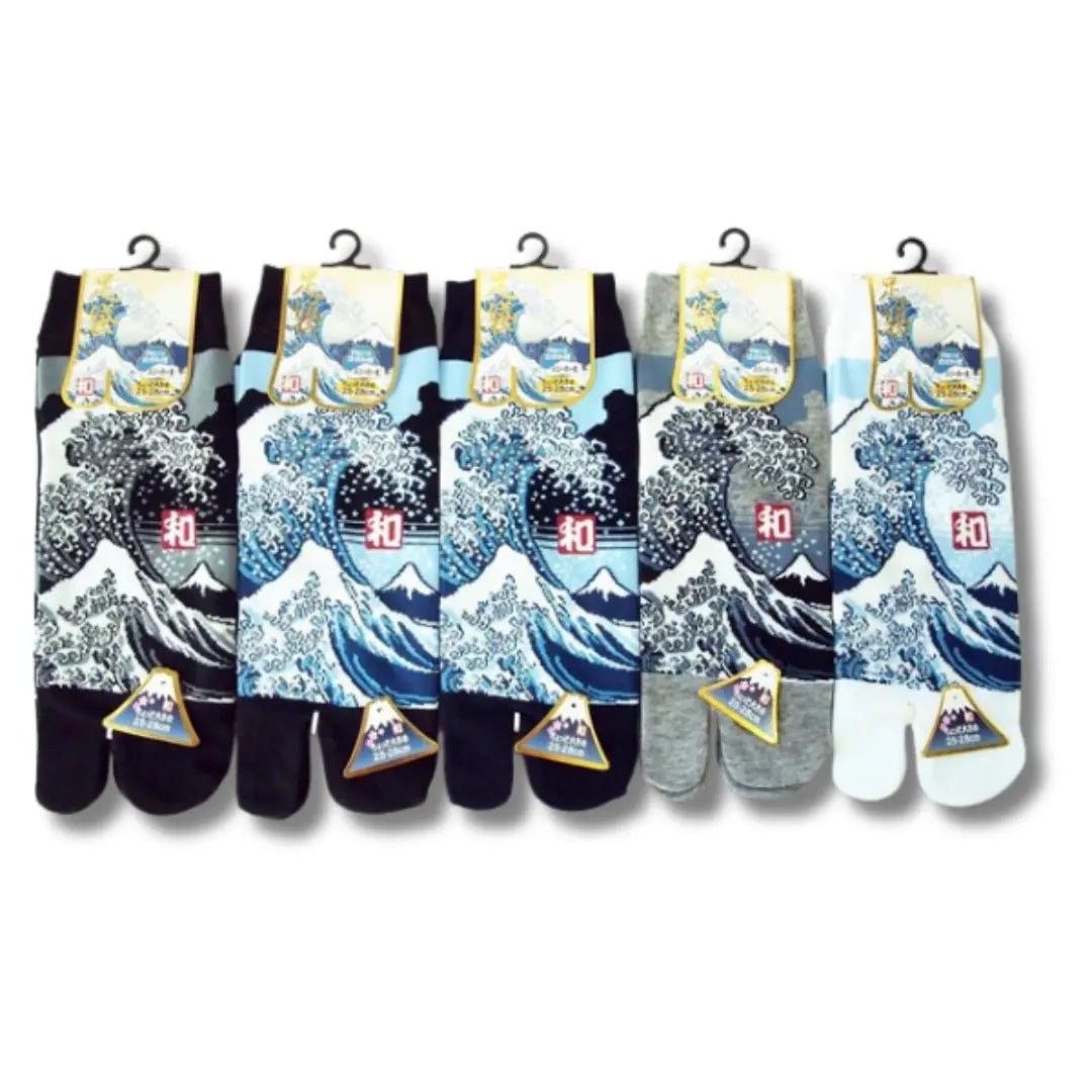 5 Paar Tabi Zehensocken in 5 verschienen Farben mit dem Motiv von der großen Welle vor Kanagawa von Hokusai in der Größe 39 bis 43.