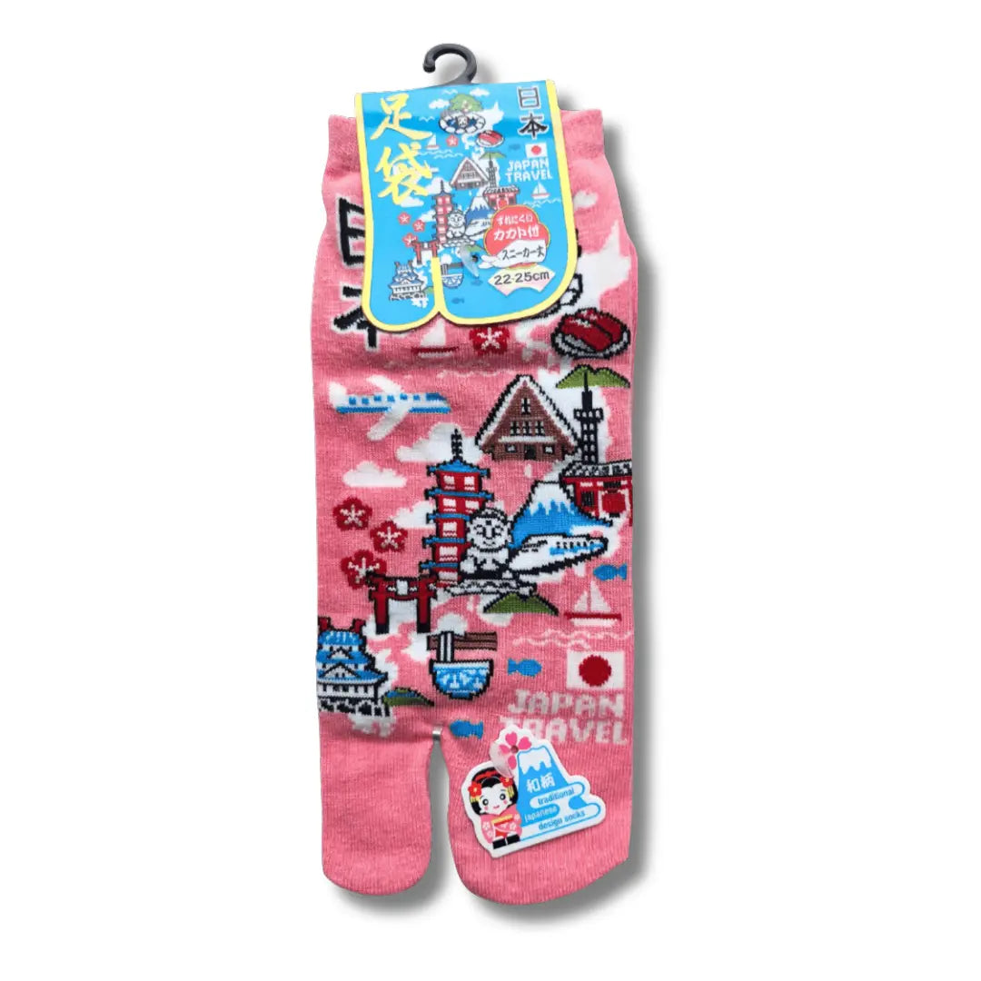 Kurze Tabi Socken rosa mit Japan Karte und Sehenswürdigkeiten Motiv Vorderseite – japanische Zehensocken #farbe_Rosa