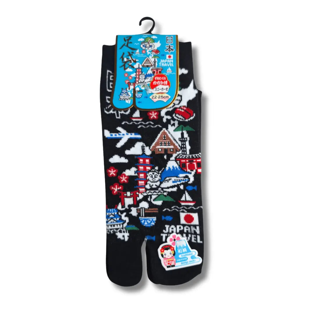 Kurze Tabi Socken schwarz mit Japan Karte und Sehenswürdigkeiten Motiv Vorderseite – japanische Zehensocken #farbe_Schwarz