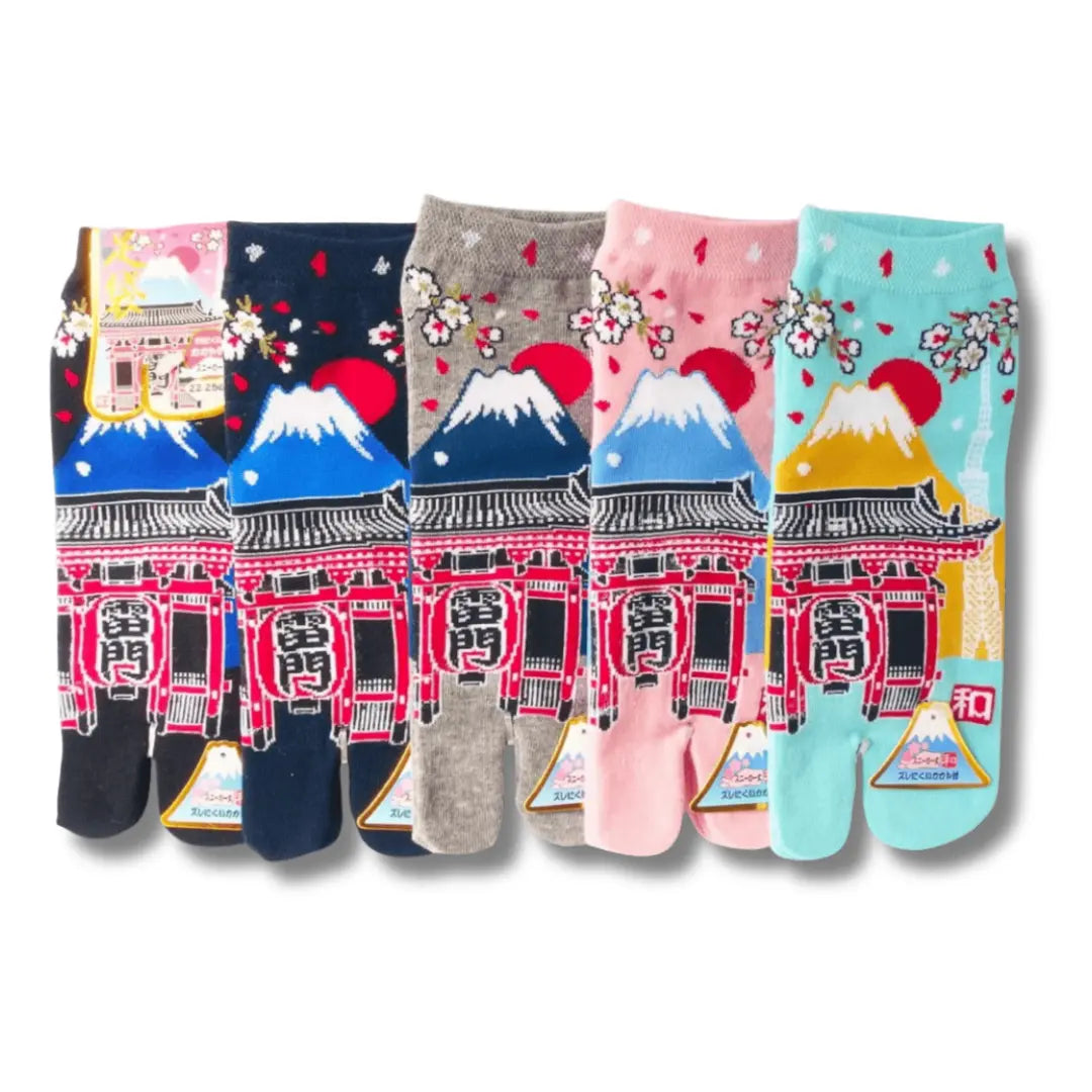 Kurze Tabi Socken mit Kaminarimon Tor, Fuji und Kirschblüten Motiv – japanische Zehensocken