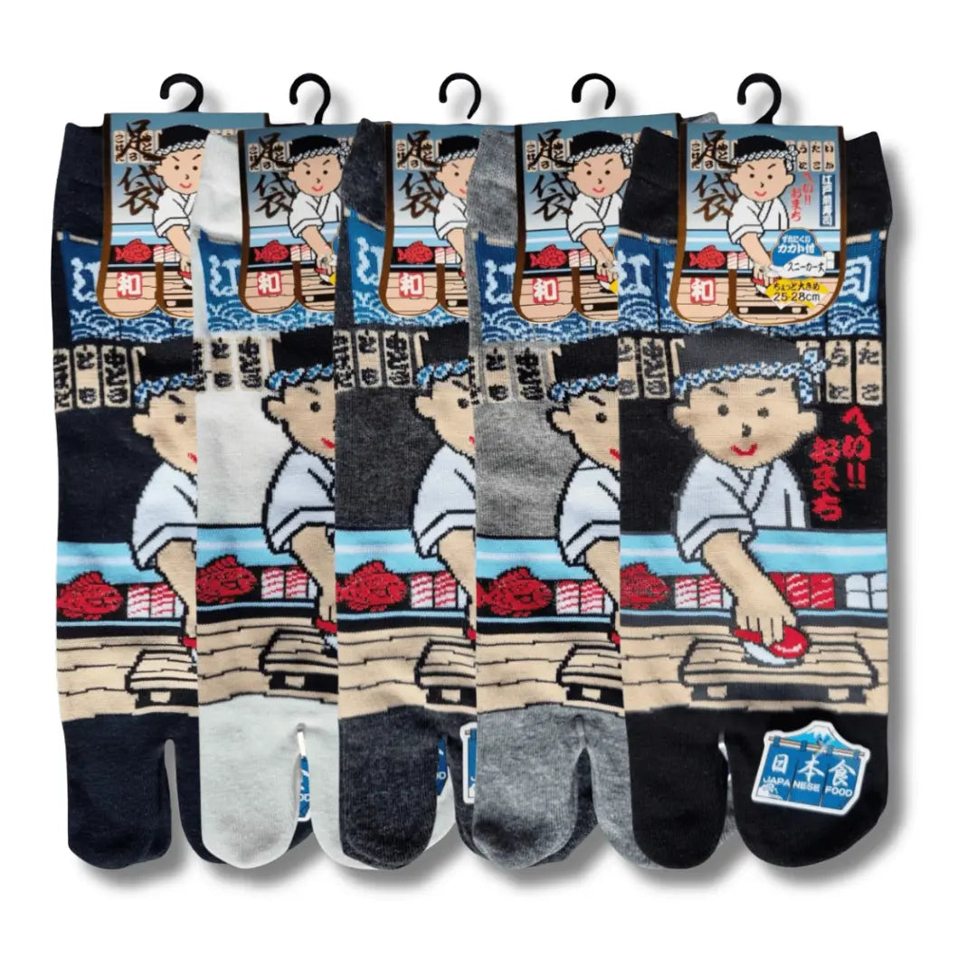 5 Paar Kurze Tabi Zehensocken in 5 verschiedenen Farben mit dem Motiv Sushi-Koch in der Größe 47 bis 50