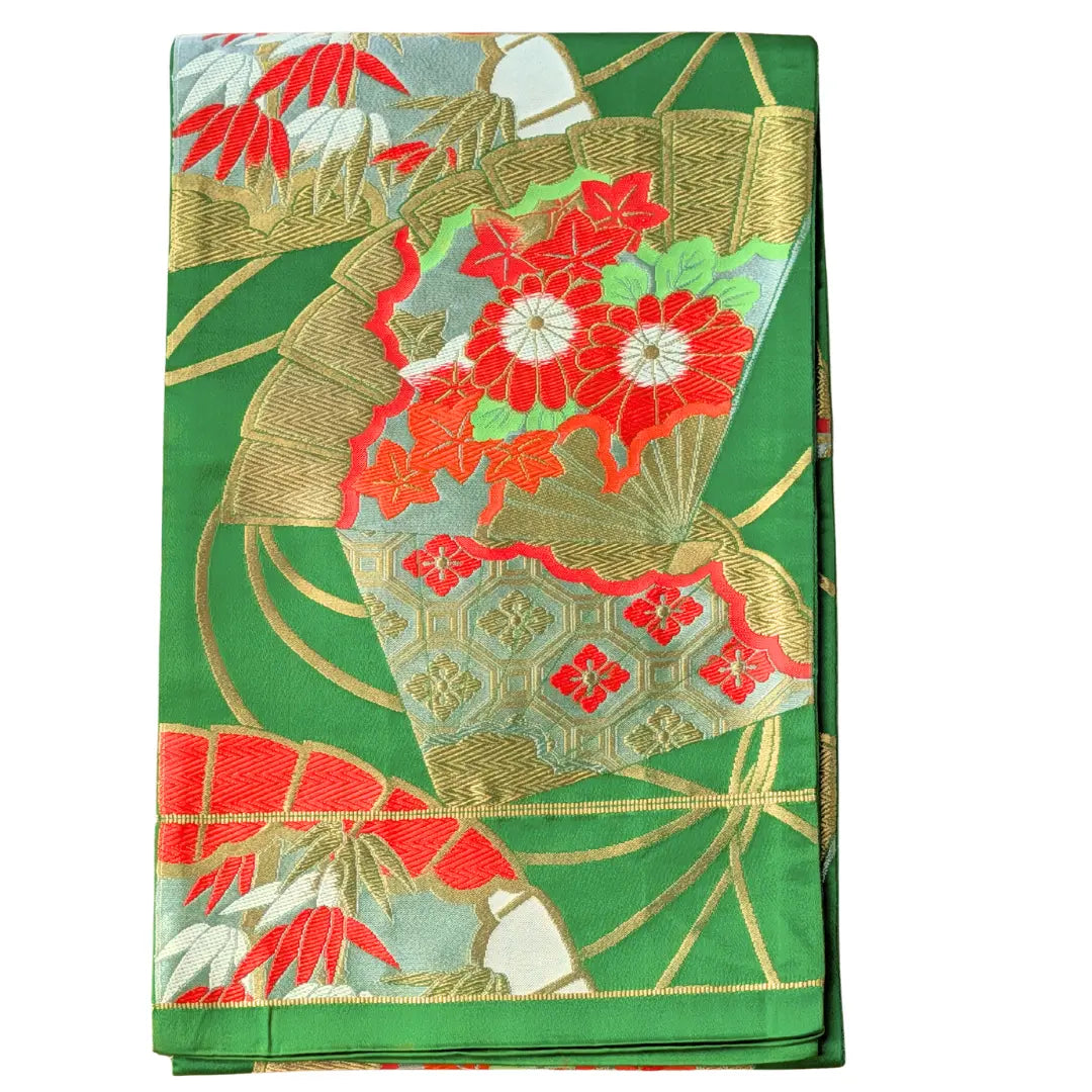 Gefalteter Vintage Fukuro Obi mit japanischem Fächer- und Blumenmuster in Grün und Rot