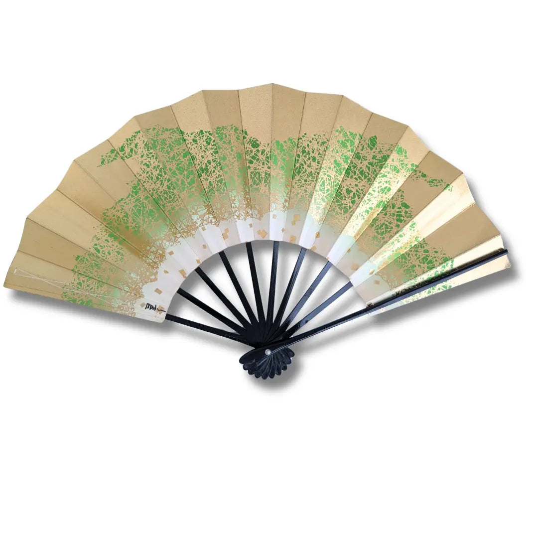 Vintage Mai-Ogi Fächer aus Japan Rückansicht geöffnet mit gefächertem Nietkopf und gold-grünem Dekor