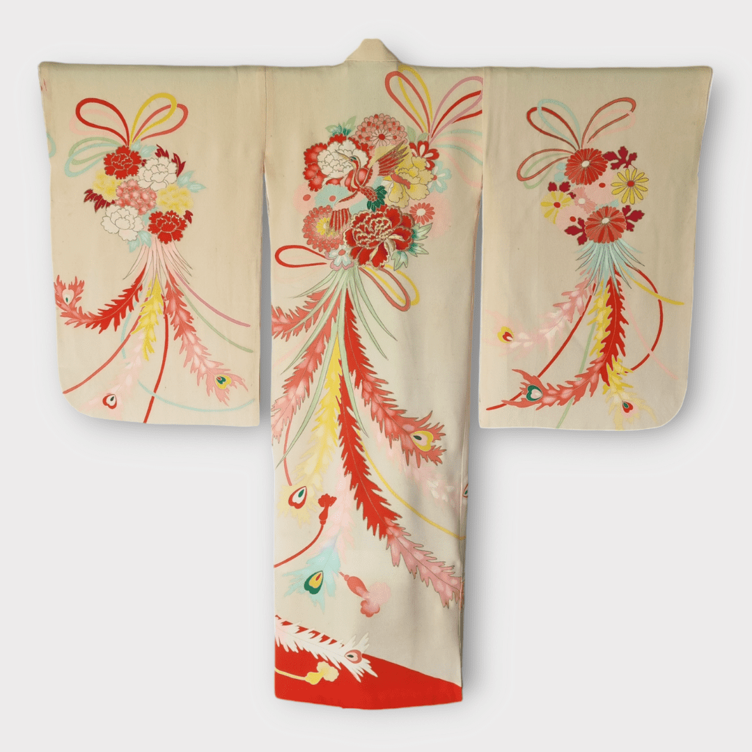 Vintage Furisode Kimono Kinder Kranich Gr. 116 / 122