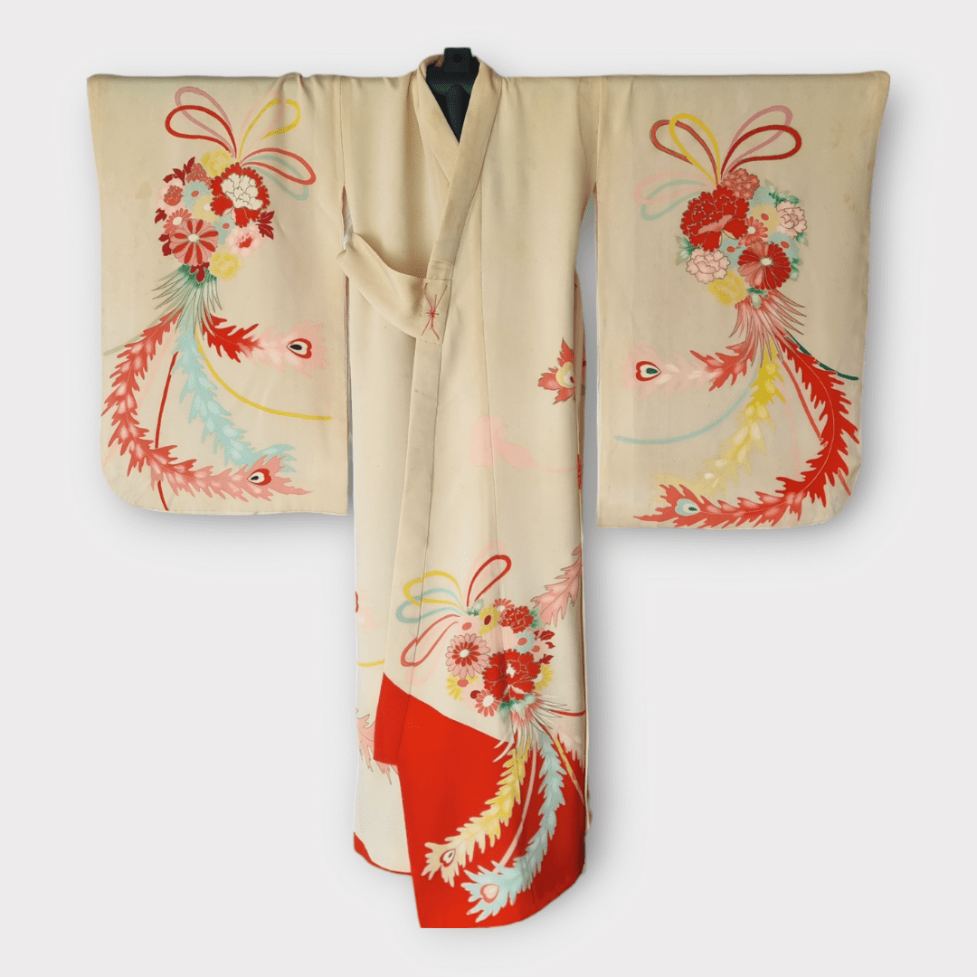 Vintage Furisode Kimono Kinder Kranich Gr. 116 / 122