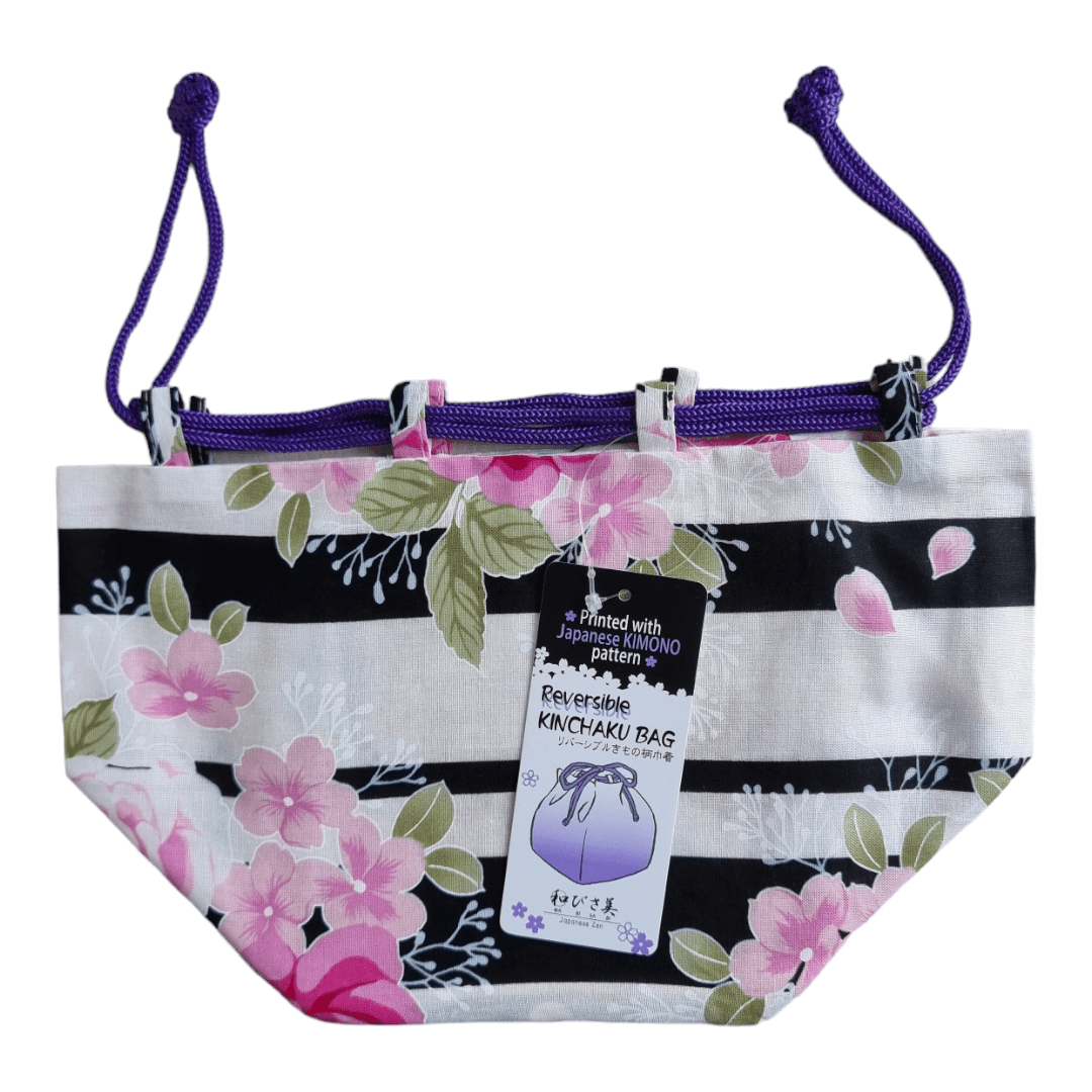 Kinchaku Beutel Wendetasche gestreift-Blüten