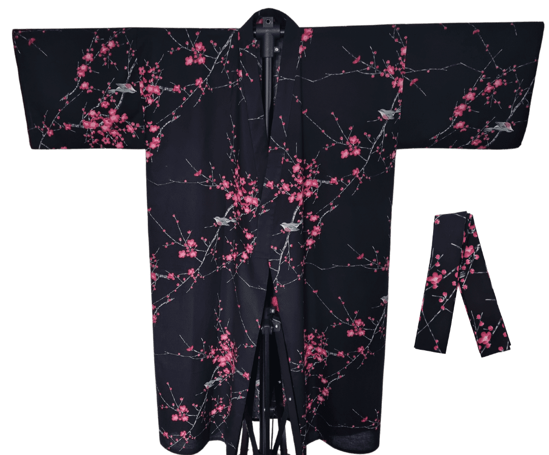 Plus Size Yukata Pflaumenblüte schwarz inkl. Obi #farbe_Schwarz