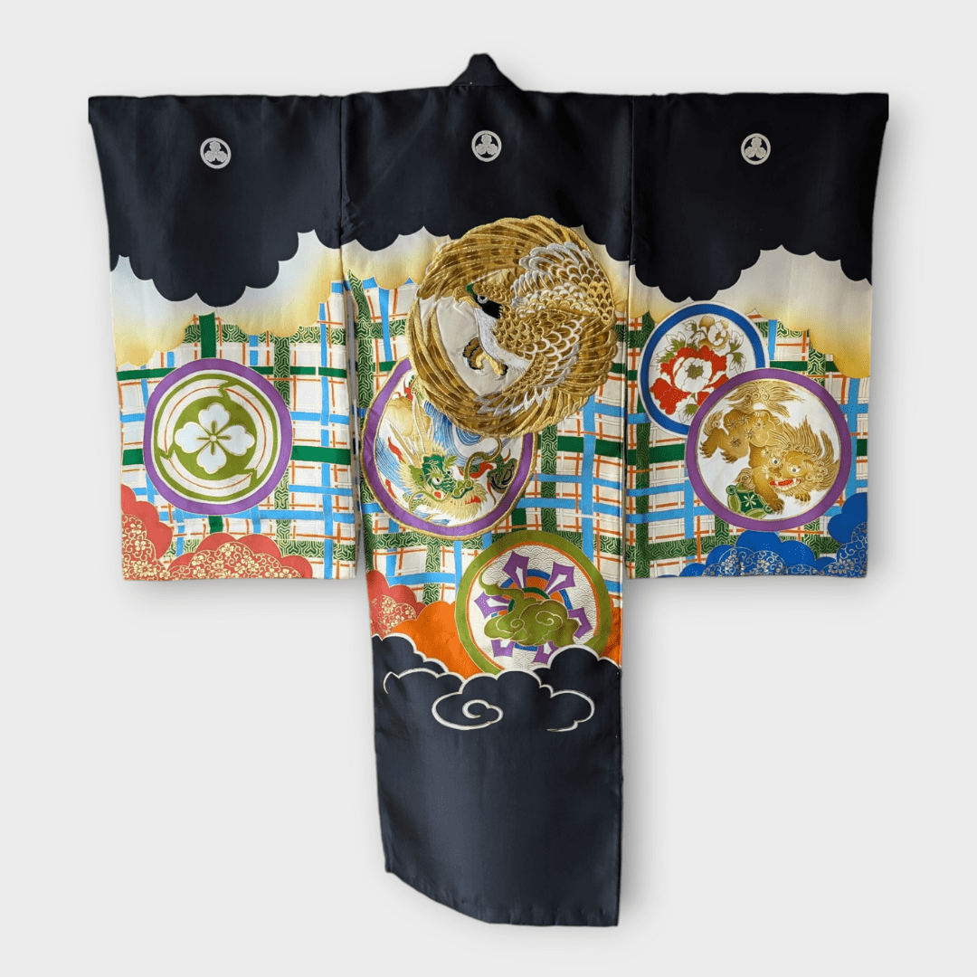 Vintage Furisode Kimono Kinder Drache und Falke Gr. 116 / 122