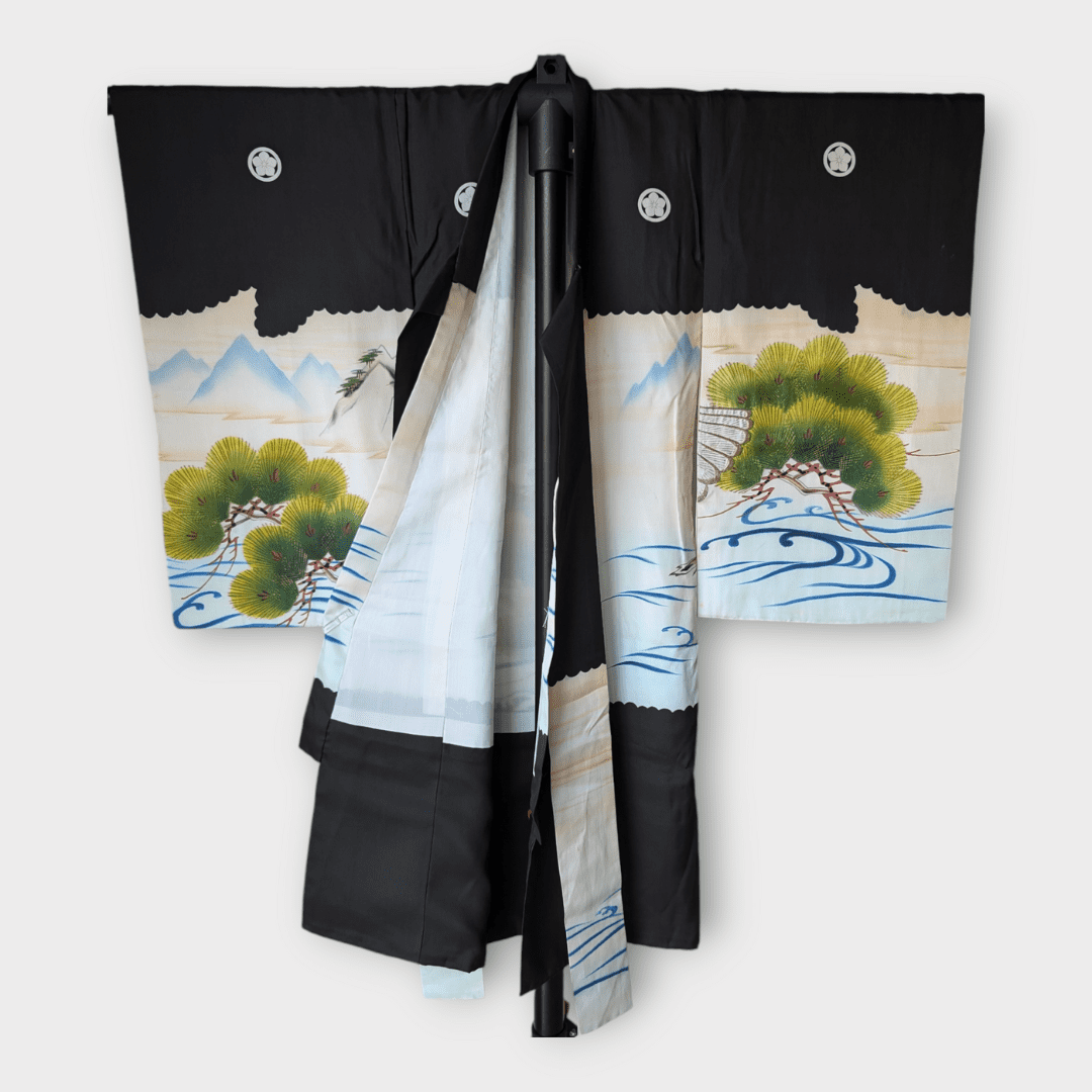 Vintage Furisode Kimono Kinder Kiefer und Falke Gr. 116 / 122