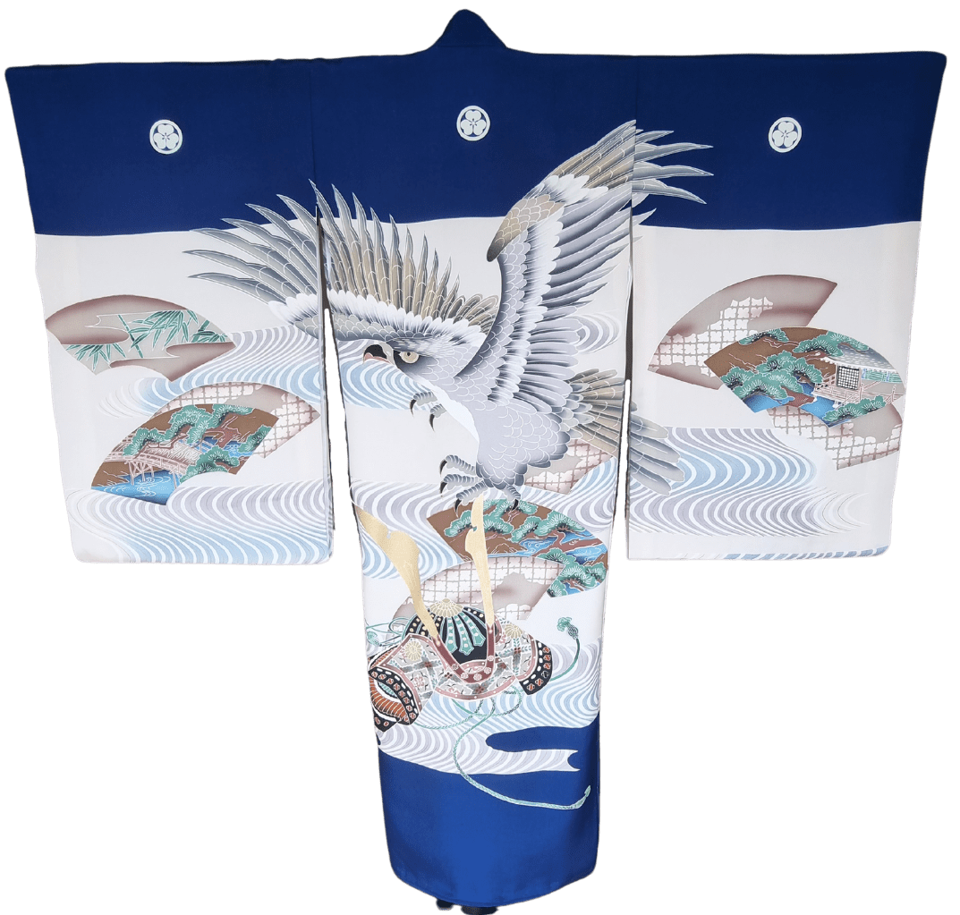 Vintage Furisode Kimono Kinder Adler und Samurai-Helm 116 / 122