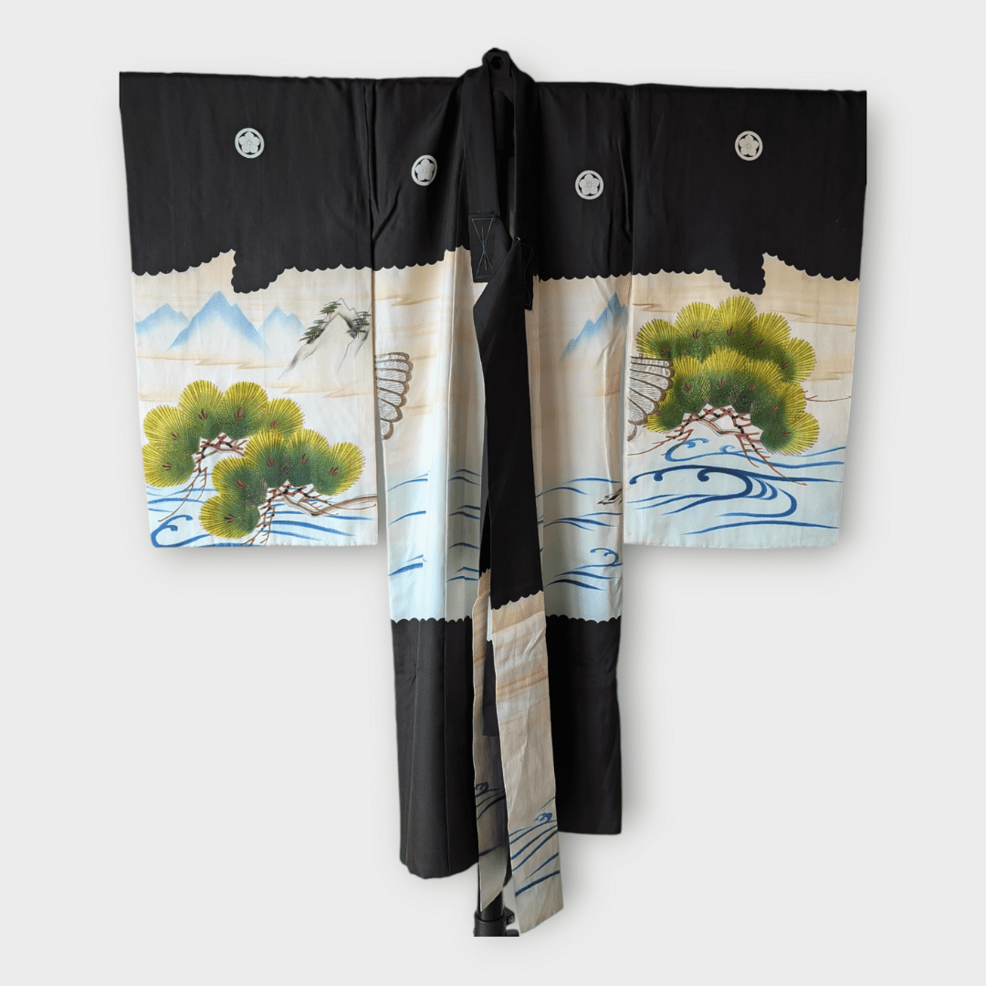Vintage Furisode Kimono Kinder Kiefer und Falke Gr. 116 / 122