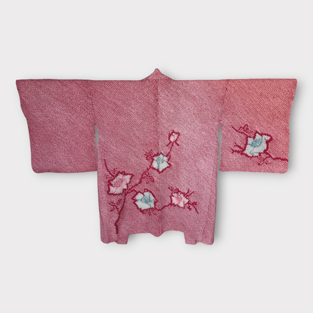 Vintage Haori Damen Weinrot mit blauen Blumen