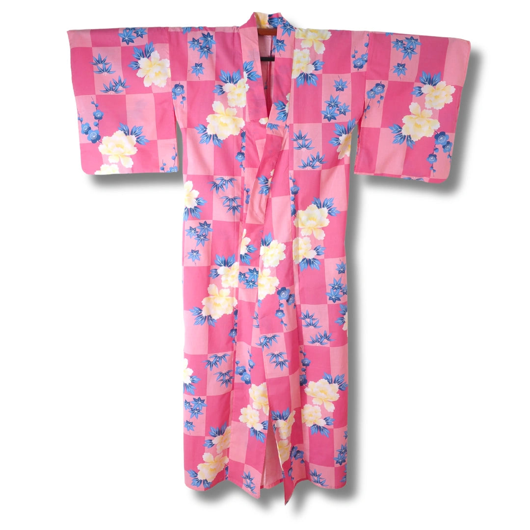 Vintage Yukata pink kariert mit Blumen