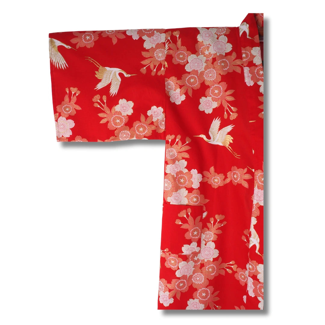 Damen Yukata kurz rot mit Kranichen & Blumen