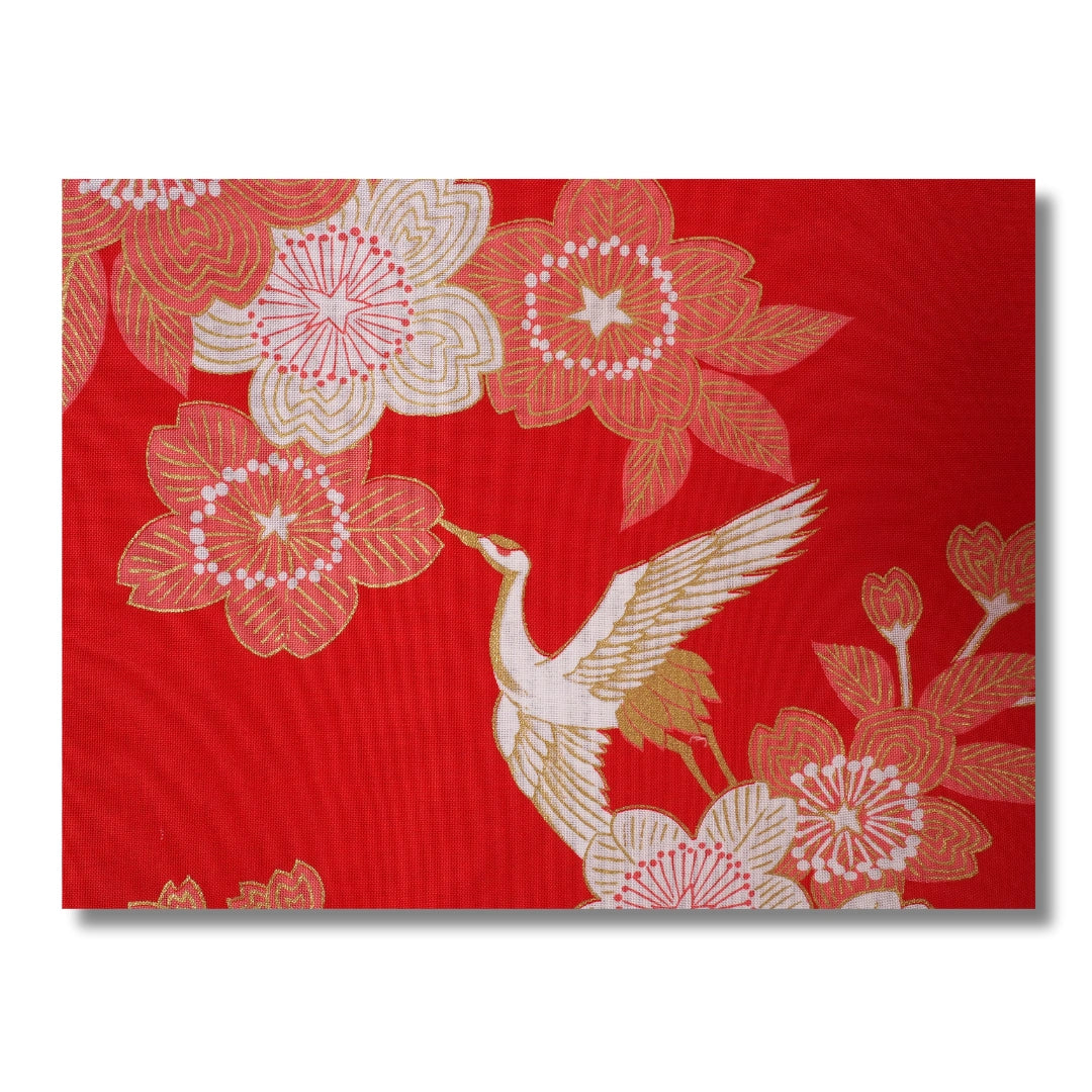 Damen Yukata kurz rot mit Kranichen & Blumen