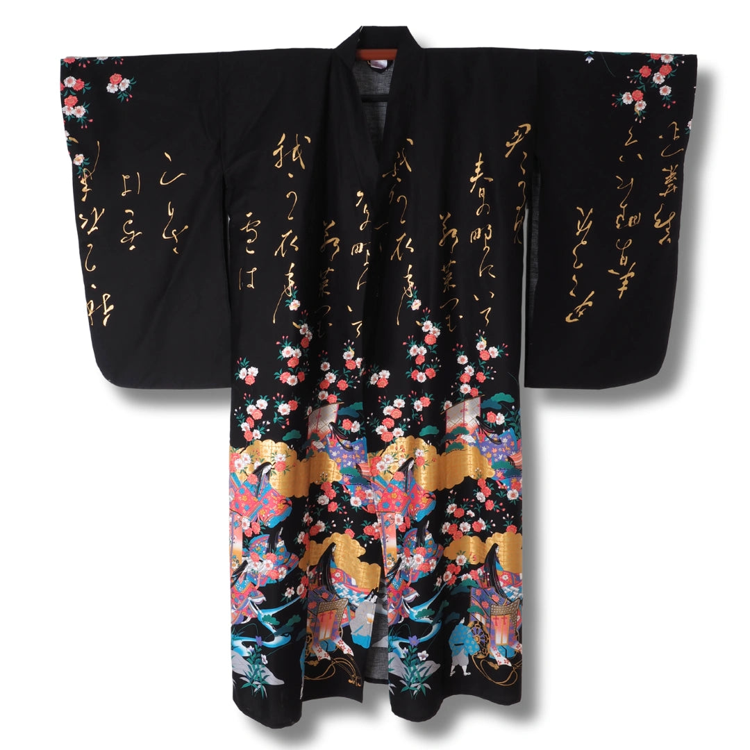 Damen Yukata schwarz mit bunten Blumen & japanischem Muster