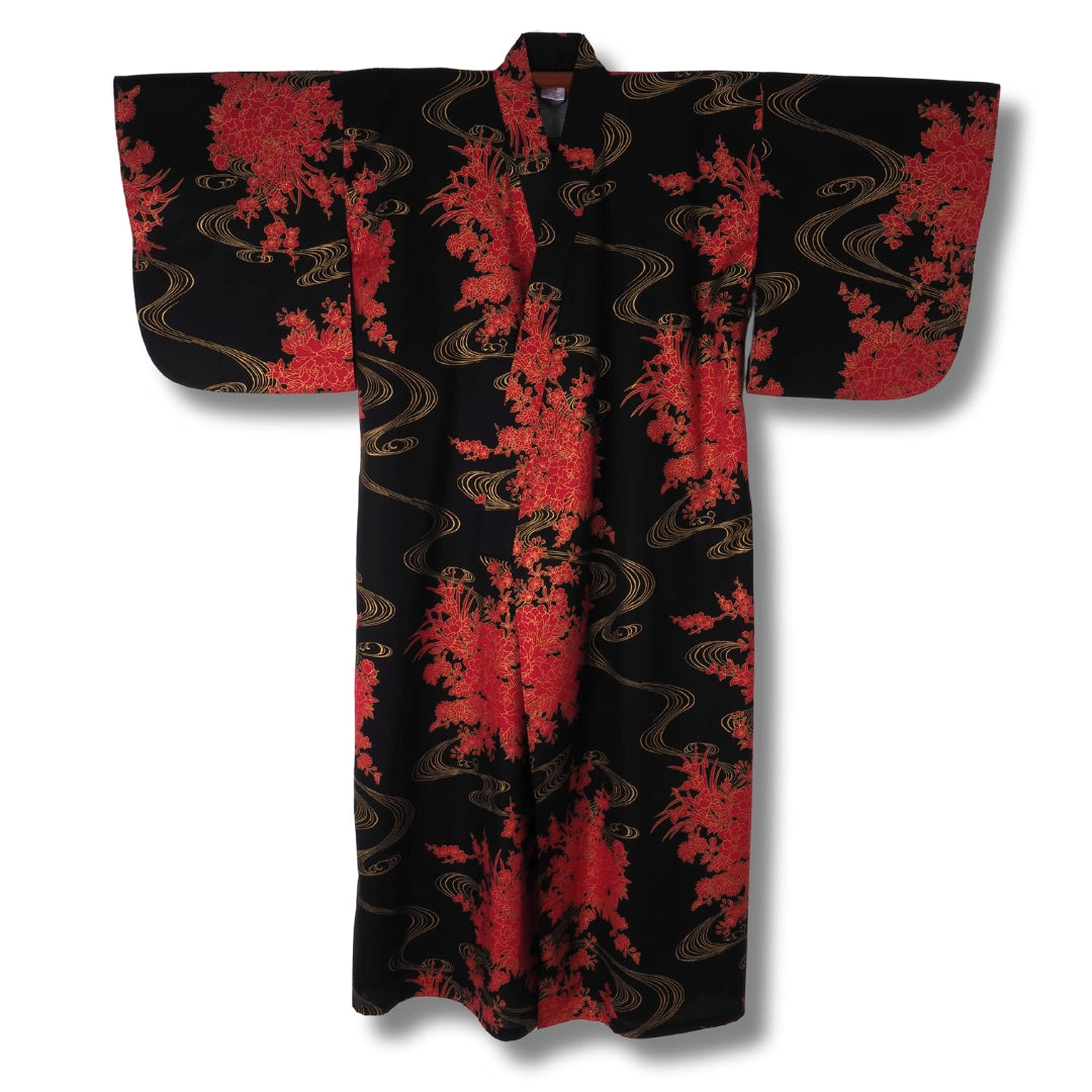 Damen Yukata schwarz mit roten Blumen & Goldakzenten