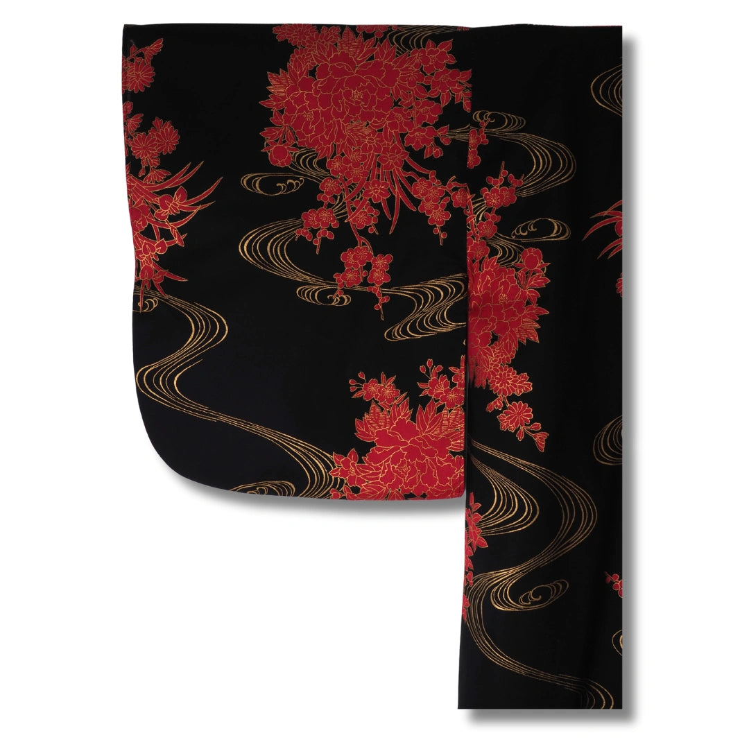 Damen Yukata schwarz mit roten Blumen & Goldakzenten