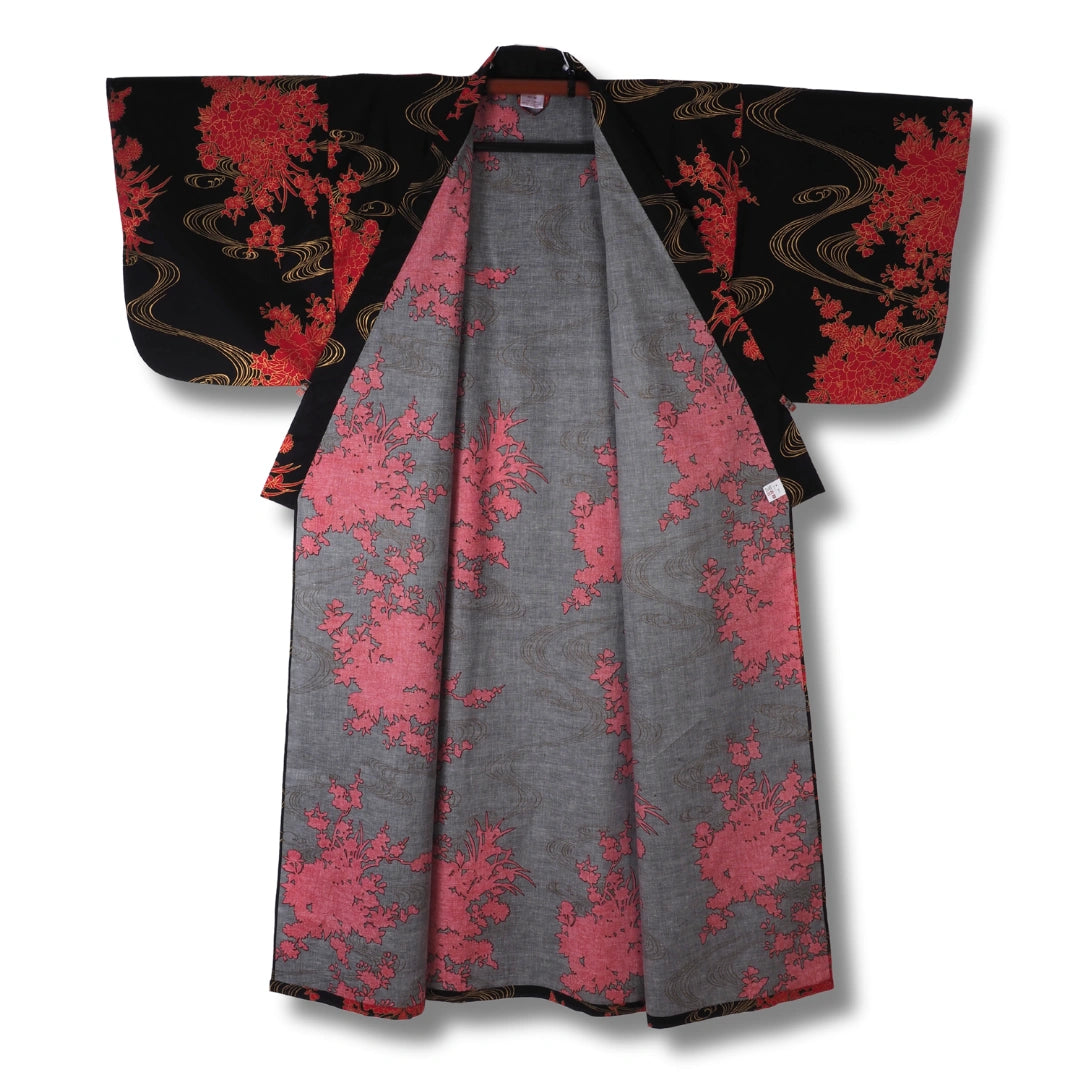 Damen Yukata schwarz mit roten Blumen & Goldakzenten