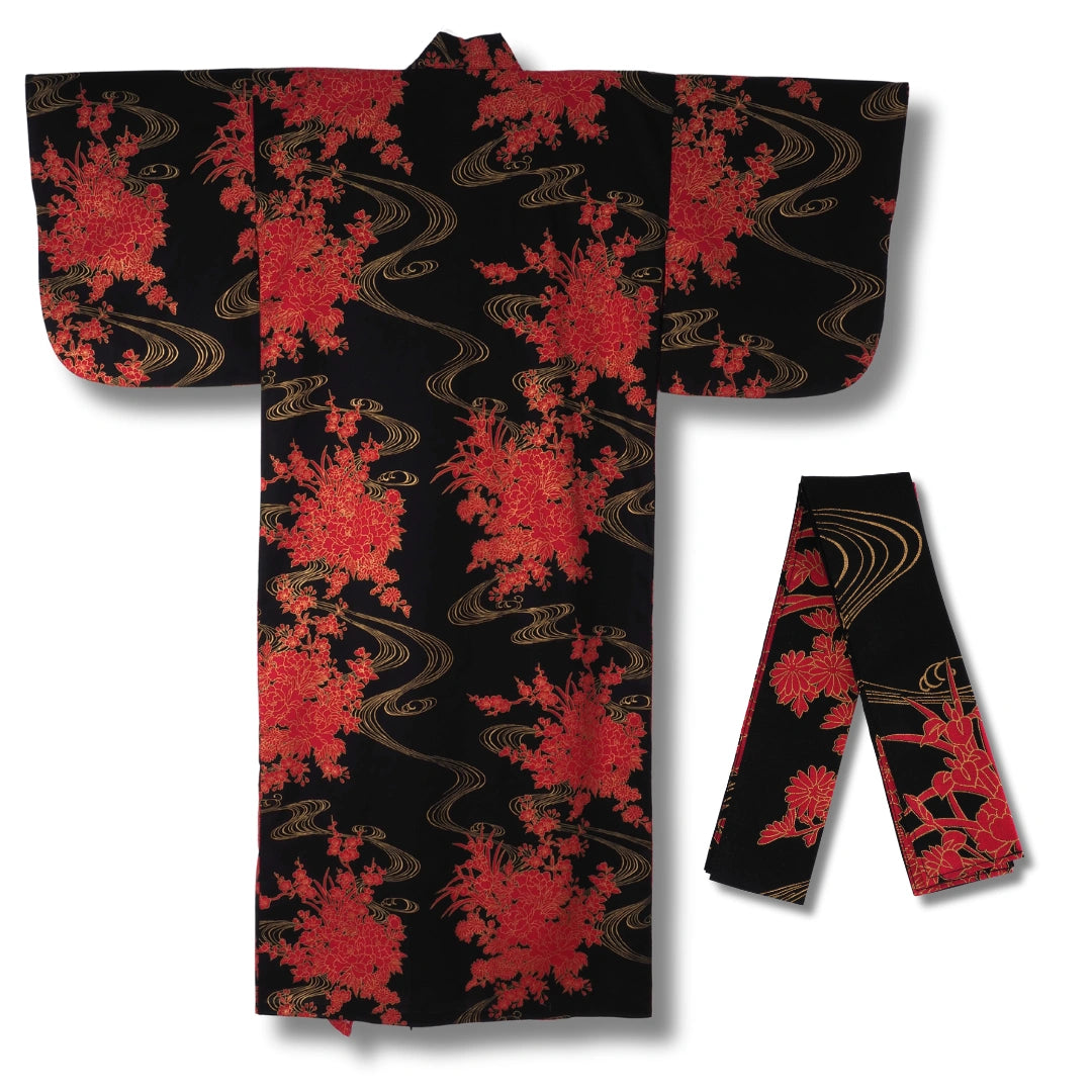 Damen Yukata schwarz mit roten Blumen & Goldakzenten