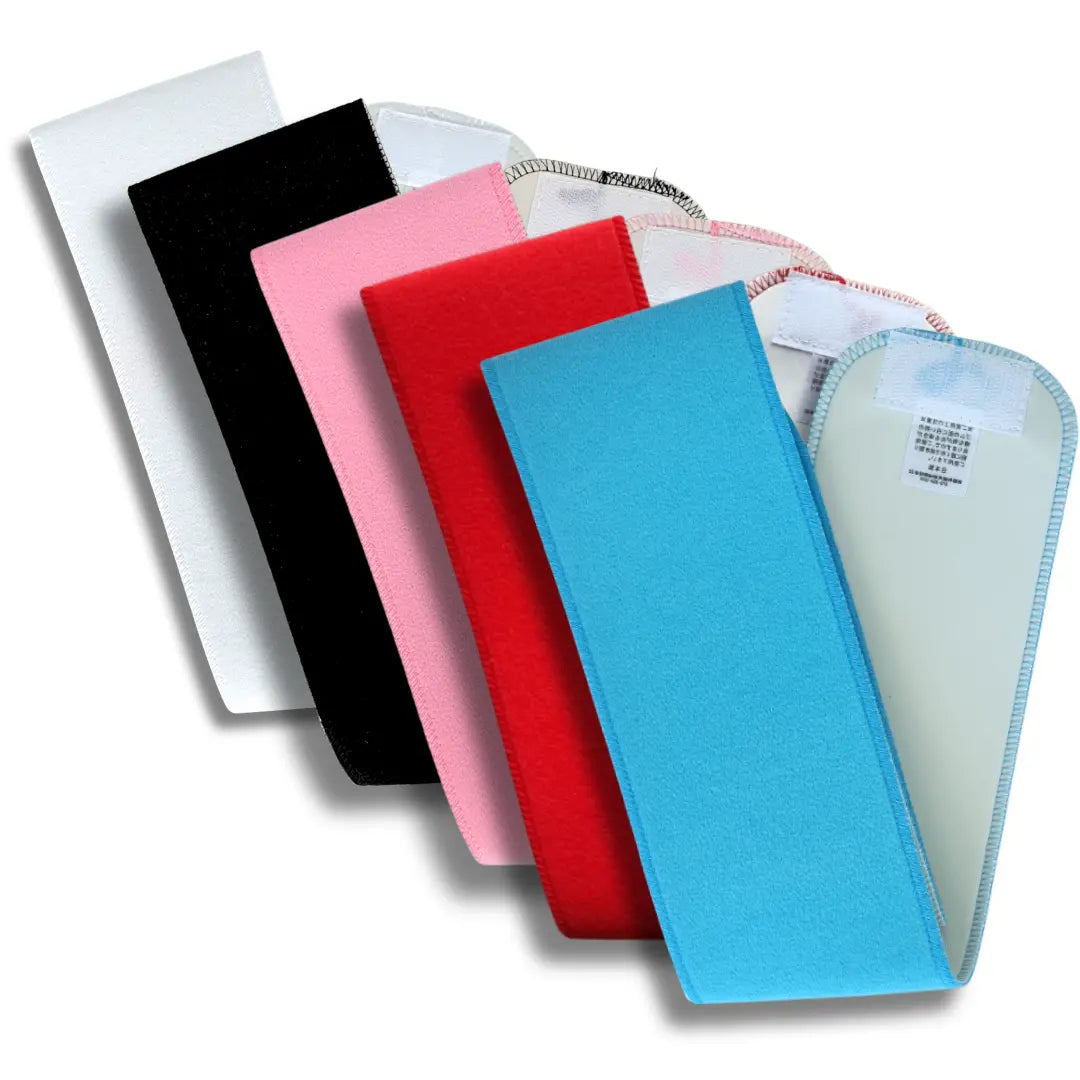 Fünf japanische Datejime Magic Belts mit Klettverschluss in Weiß, Schwarz, Rosa, Rot und Blau zum Fixieren von Kimono und Yukata.