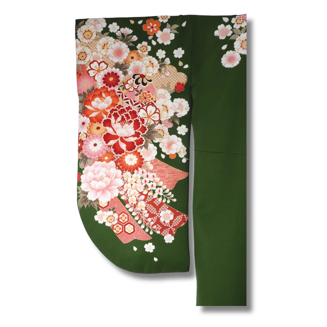 Dunkelgrüner Vintage Ko-Furisode Ärmelansicht, üppiges Blumenmuster auf Ärmeln sichtbar