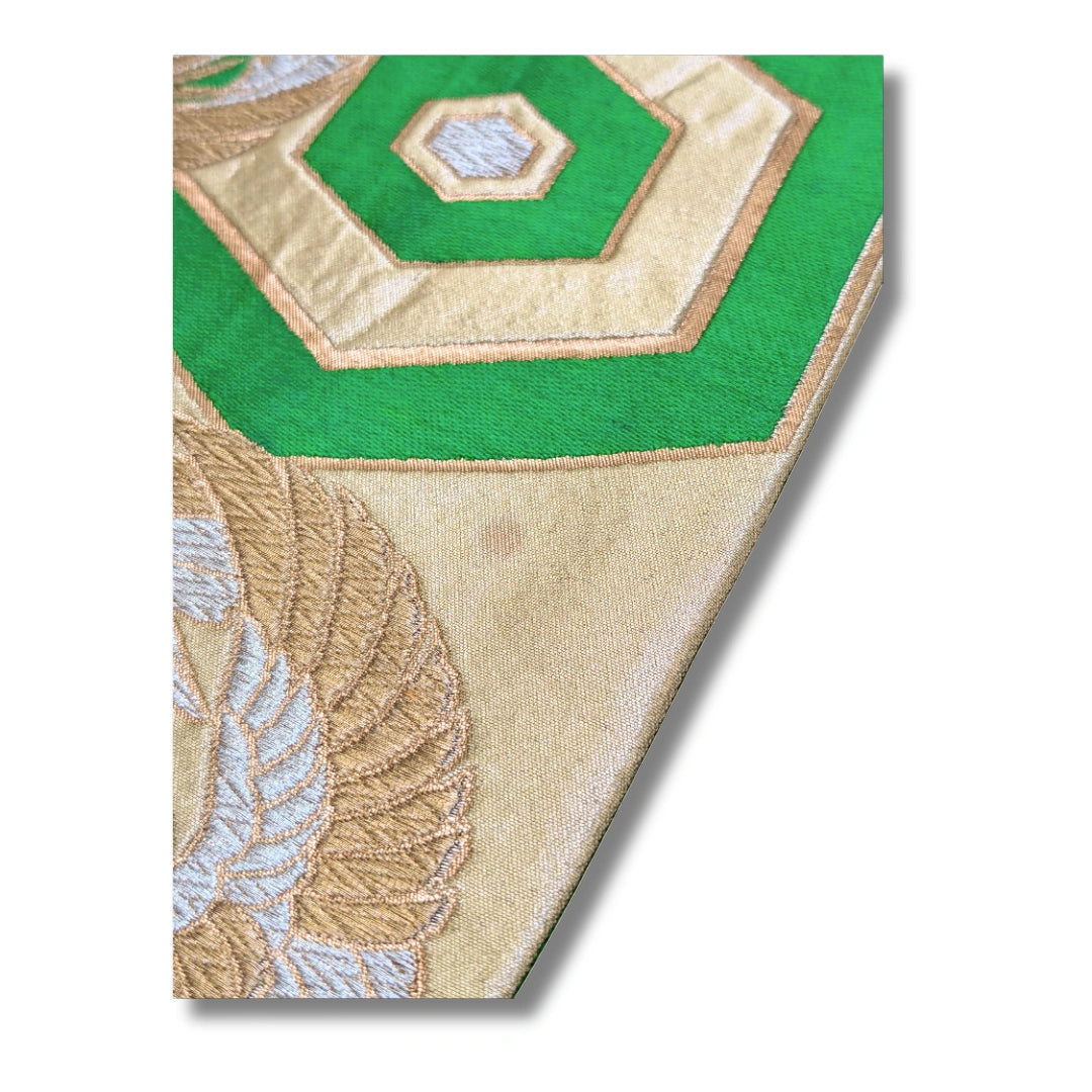 Vintage Fukuro Obi Style Gold-Grün mit Kikkō & Phönix