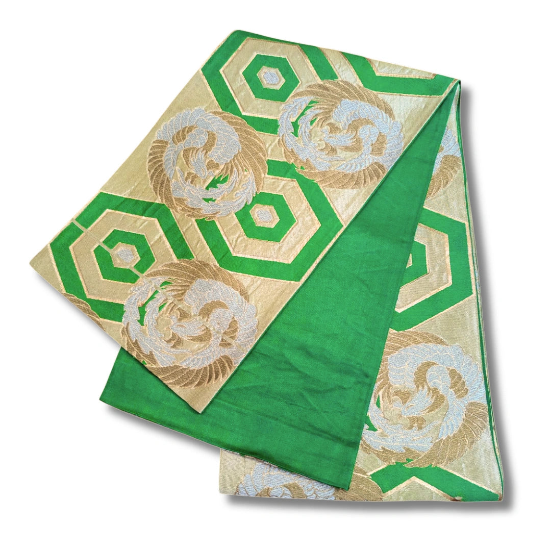 Vintage Fukuro Obi Style Gold-Grün mit Kikkō & Phönix