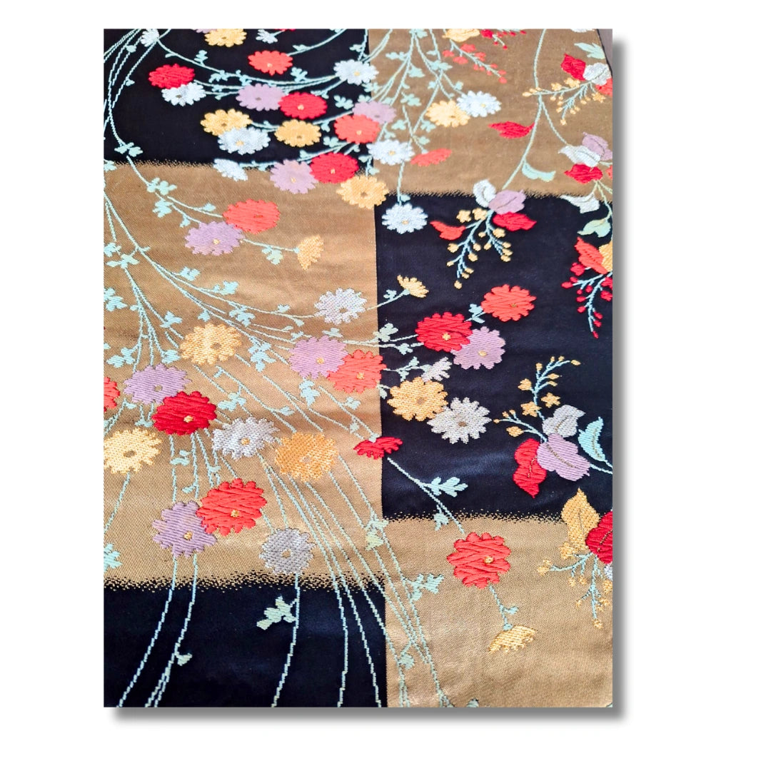 Vintage Fukuro Obi schwarz mit floraler Stickerei