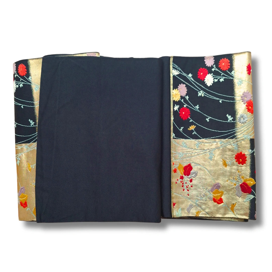 Vintage Fukuro Obi schwarz mit floraler Stickerei