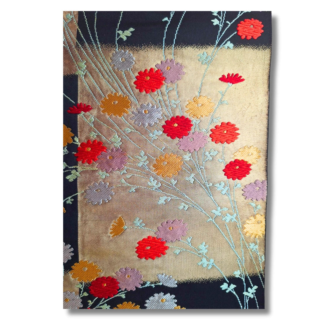Vintage Fukuro Obi schwarz mit floraler Stickerei