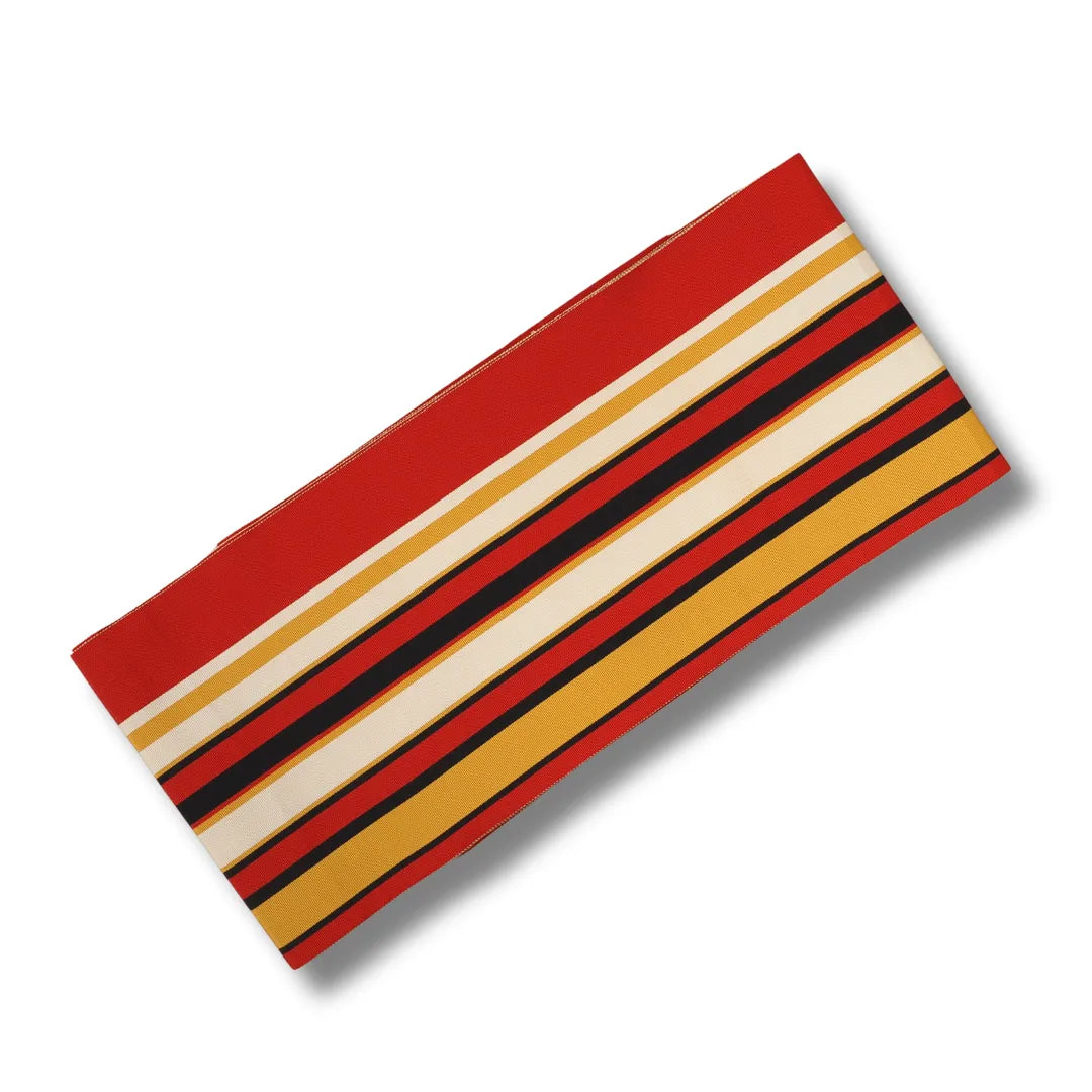 Gefalteter Hanhaba Obi mit breiten Längsstreifen in Rot, Senfgelb, Creme und Schwarz