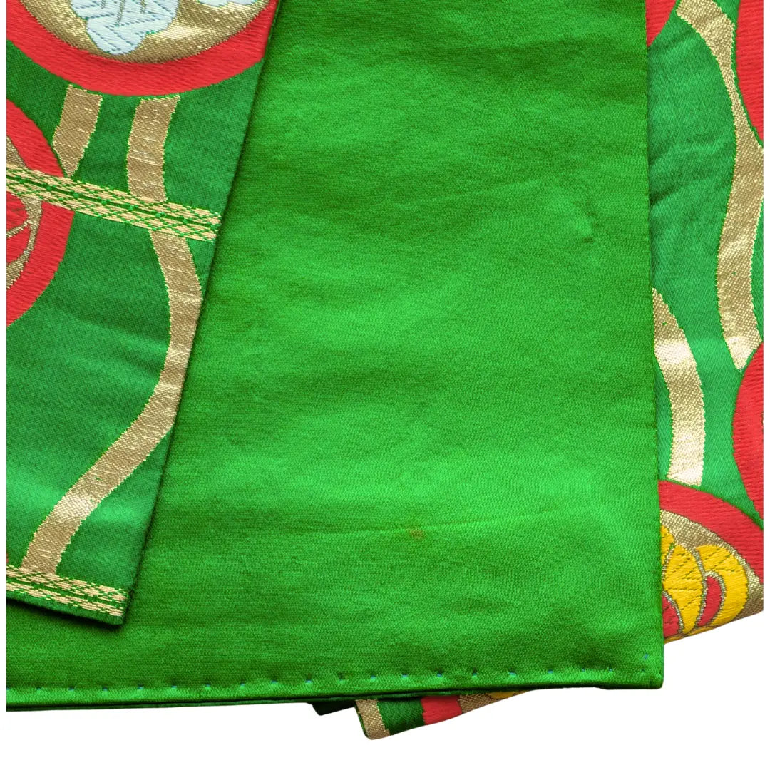 Einfarbig grüne Rückseite des schmalen Vintage Fukuro Obi aus Japan
