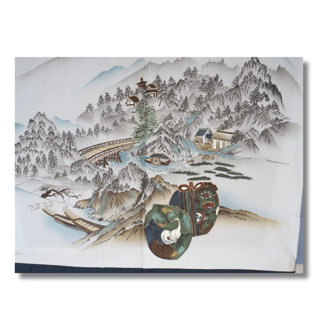 Handbemaltes Haori-Futter mit japanischer Winterlandschaft im Sumie-Tuschzeichnungsstil