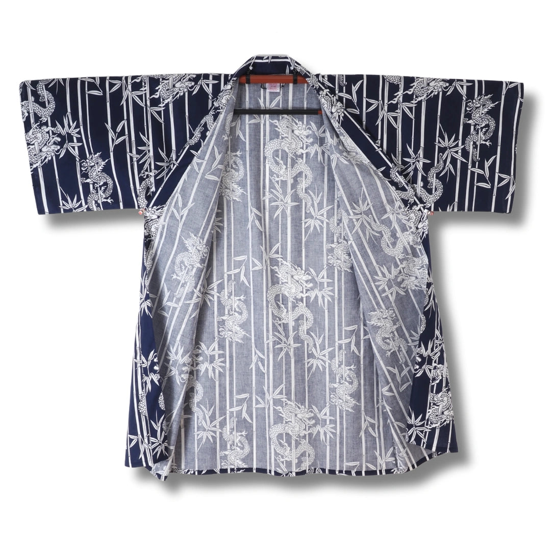 Kurzer Herren Yukata dunkelblau mit weißen Bambus & Drachen
