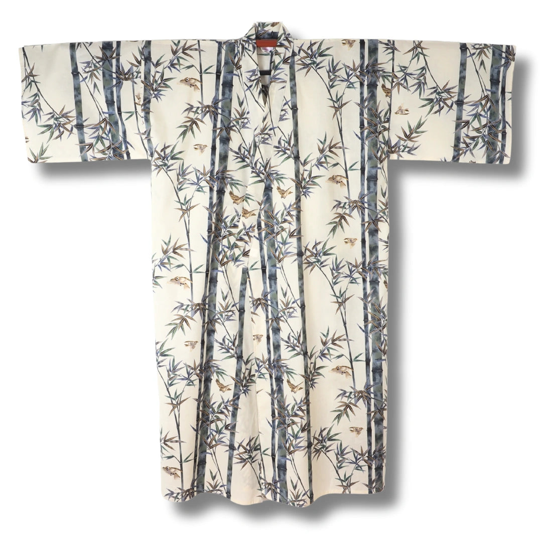 Plus Size Yukata für Herren – Weiß mit Bambus & Vögeln