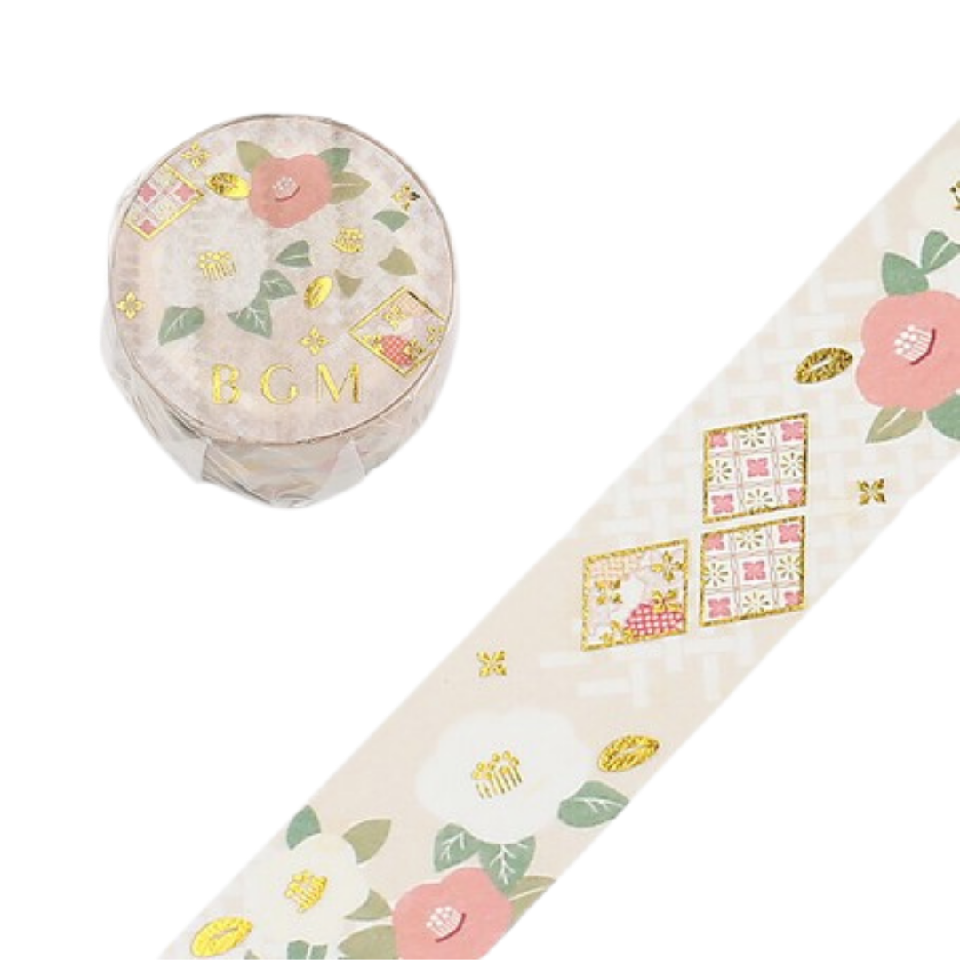 Washi Tape Rolle mit Kamelien Motiv #farbe_Kimono Kamelie