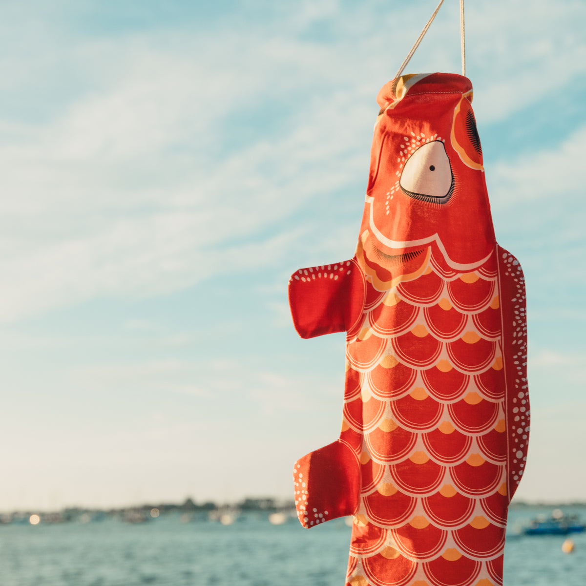 Roter Koinobori vor dem Meer #farbe_Rot