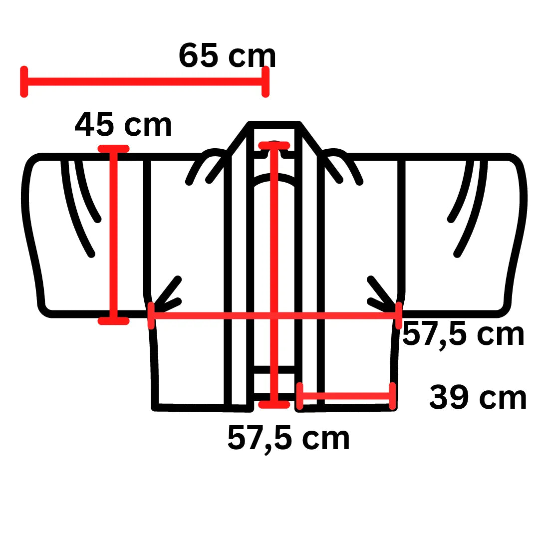 Maßdiagramm der Haori-Jackche: Breite 65 cm, Länge 57,5 cm, Schulterbreite 57,5 cm
