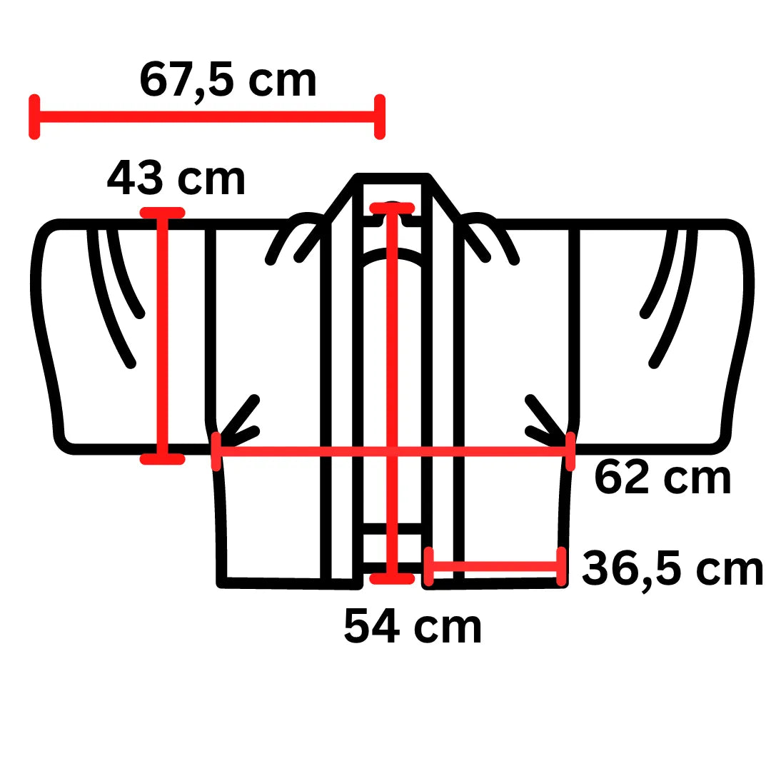Maßdiagramm der Haori-Jacke: Breite 67,5 cm, Länge 54 cm, Schulterbreite 62 cm